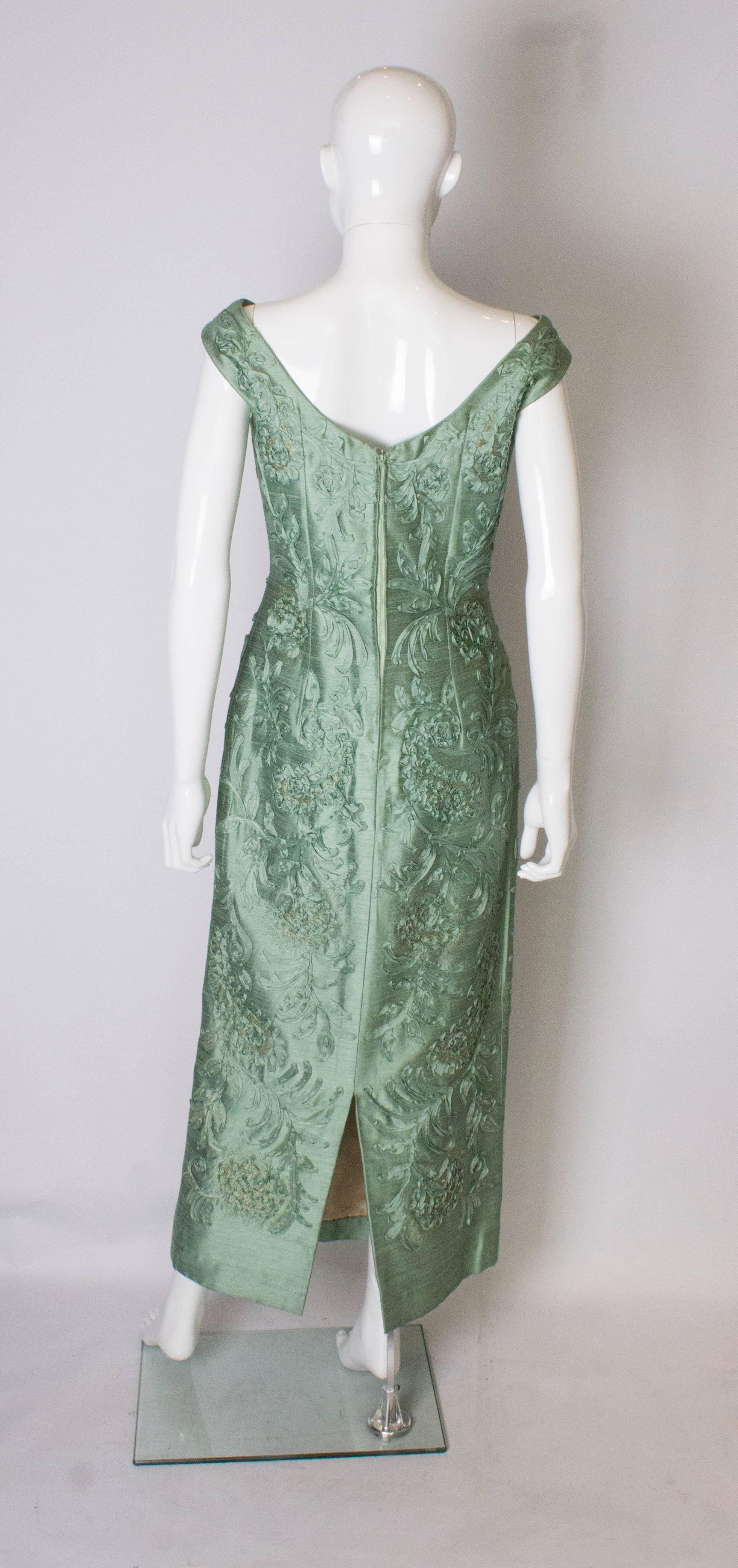 A Vintage 1960s Sage Green evening Gown with Ribbon Detail 1