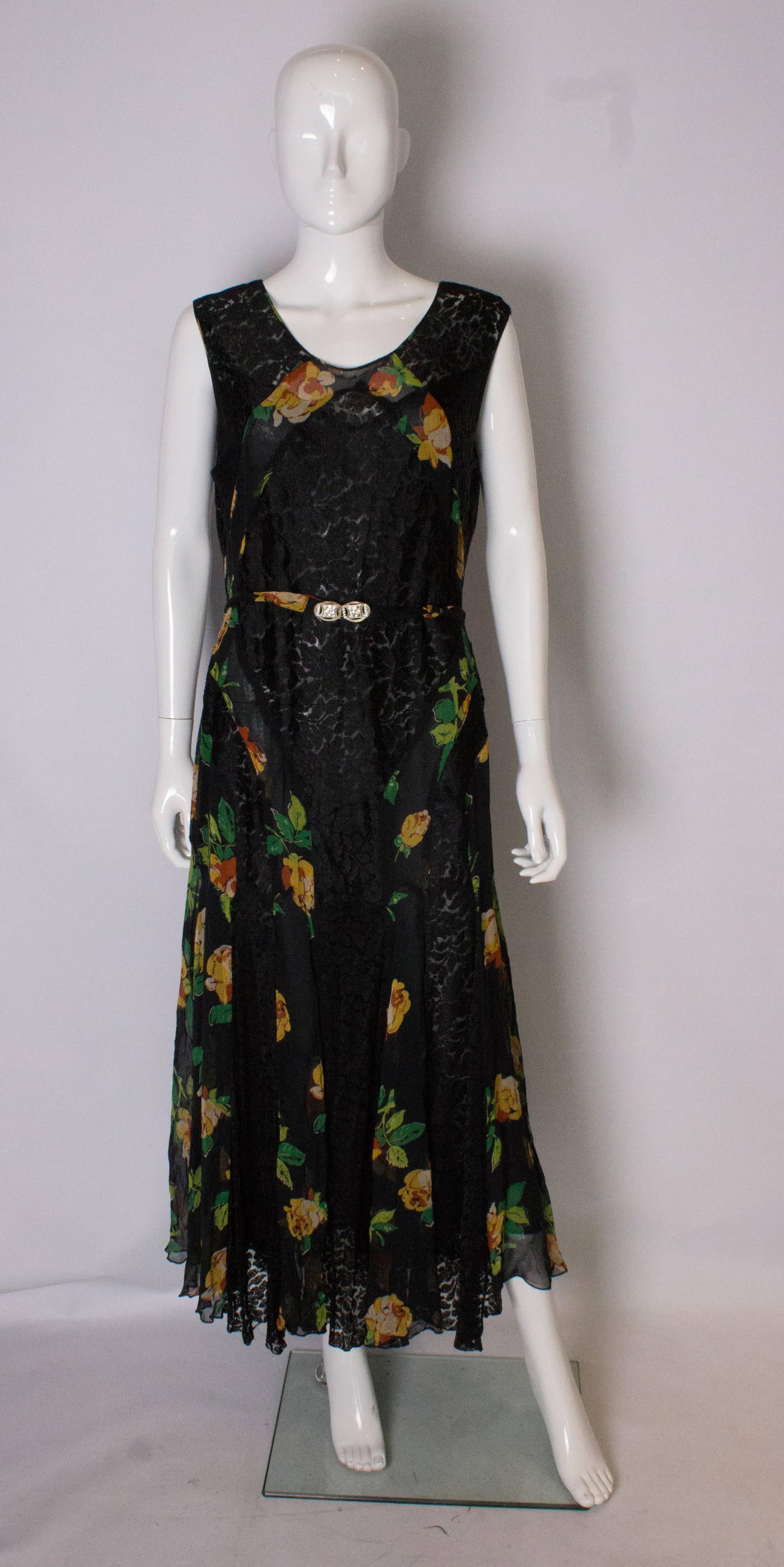 Black A Vintage 1920s floral silk print and black lace gown and matching bolero