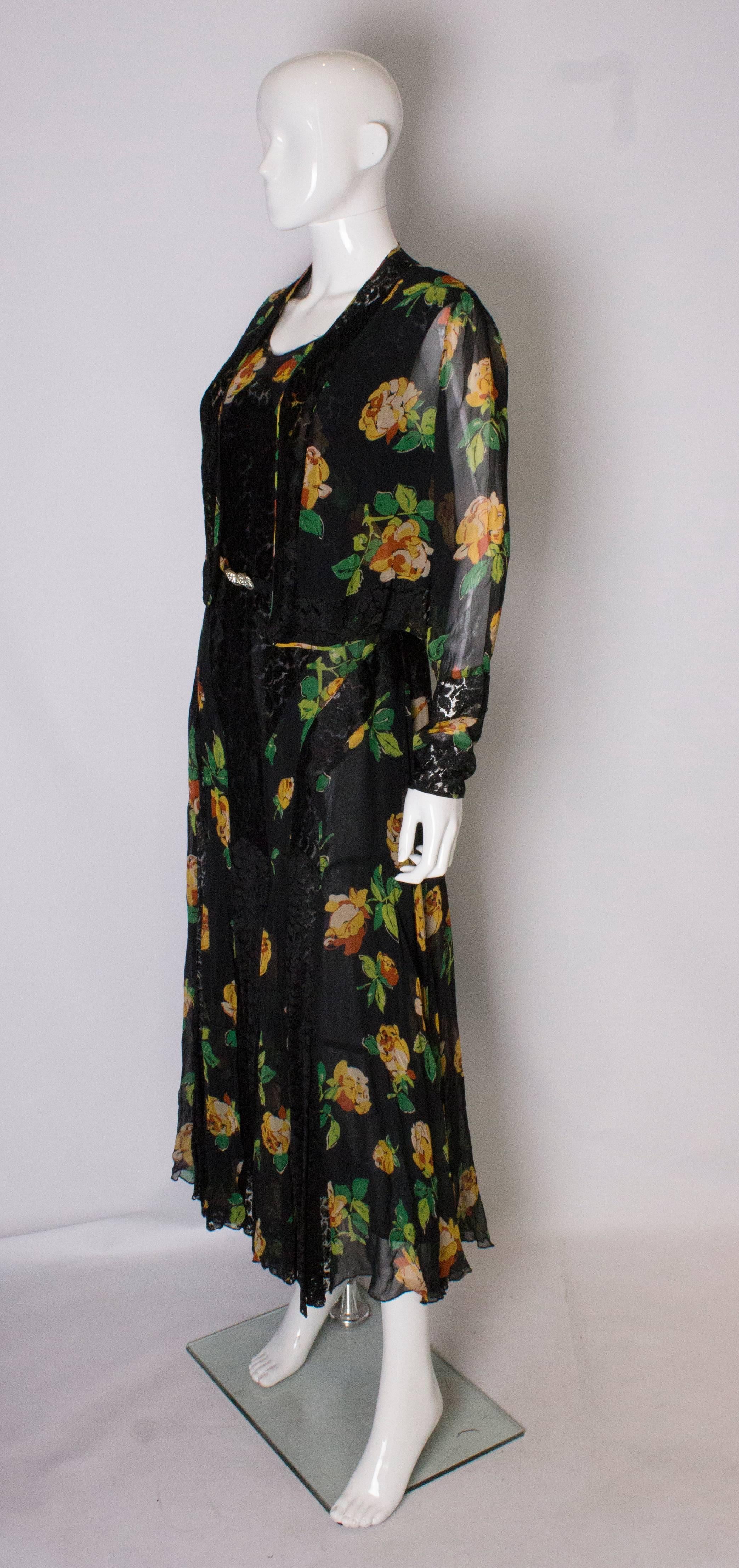 Women's A Vintage 1920s floral silk print and black lace gown and matching bolero