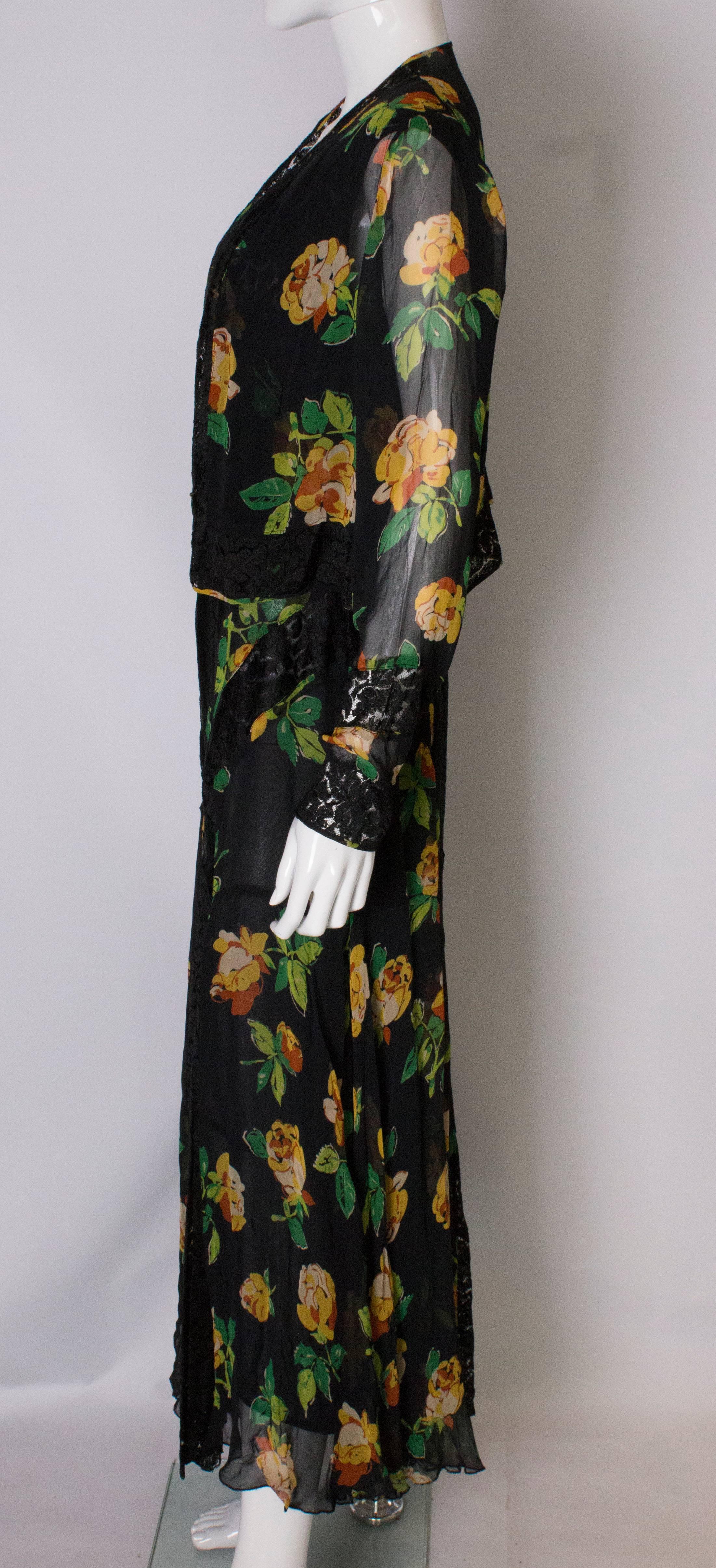 A Vintage 1920s floral silk print and black lace gown and matching bolero 3