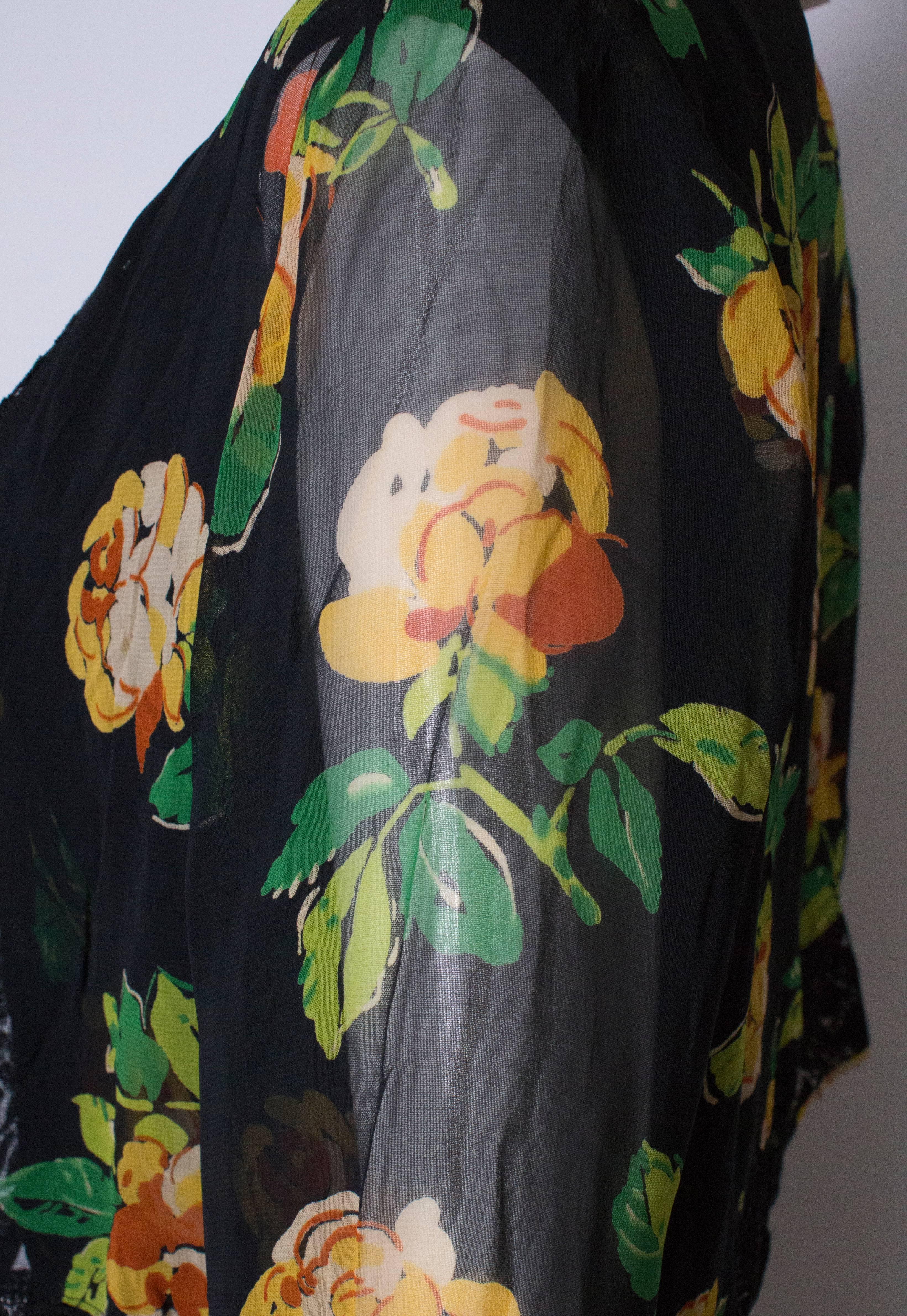 A Vintage 1920s floral silk print and black lace gown and matching bolero 4