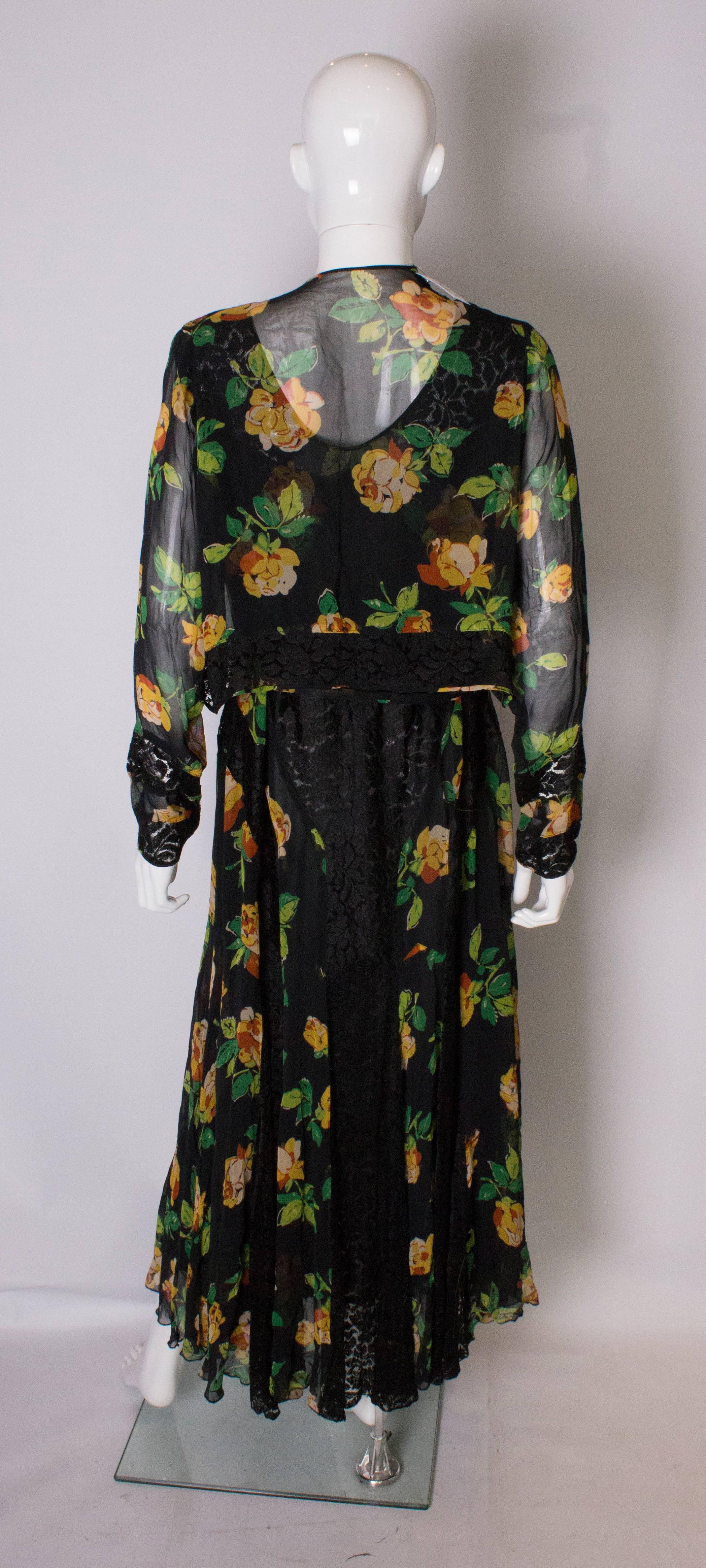 A Vintage 1920s floral silk print and black lace gown and matching bolero 5