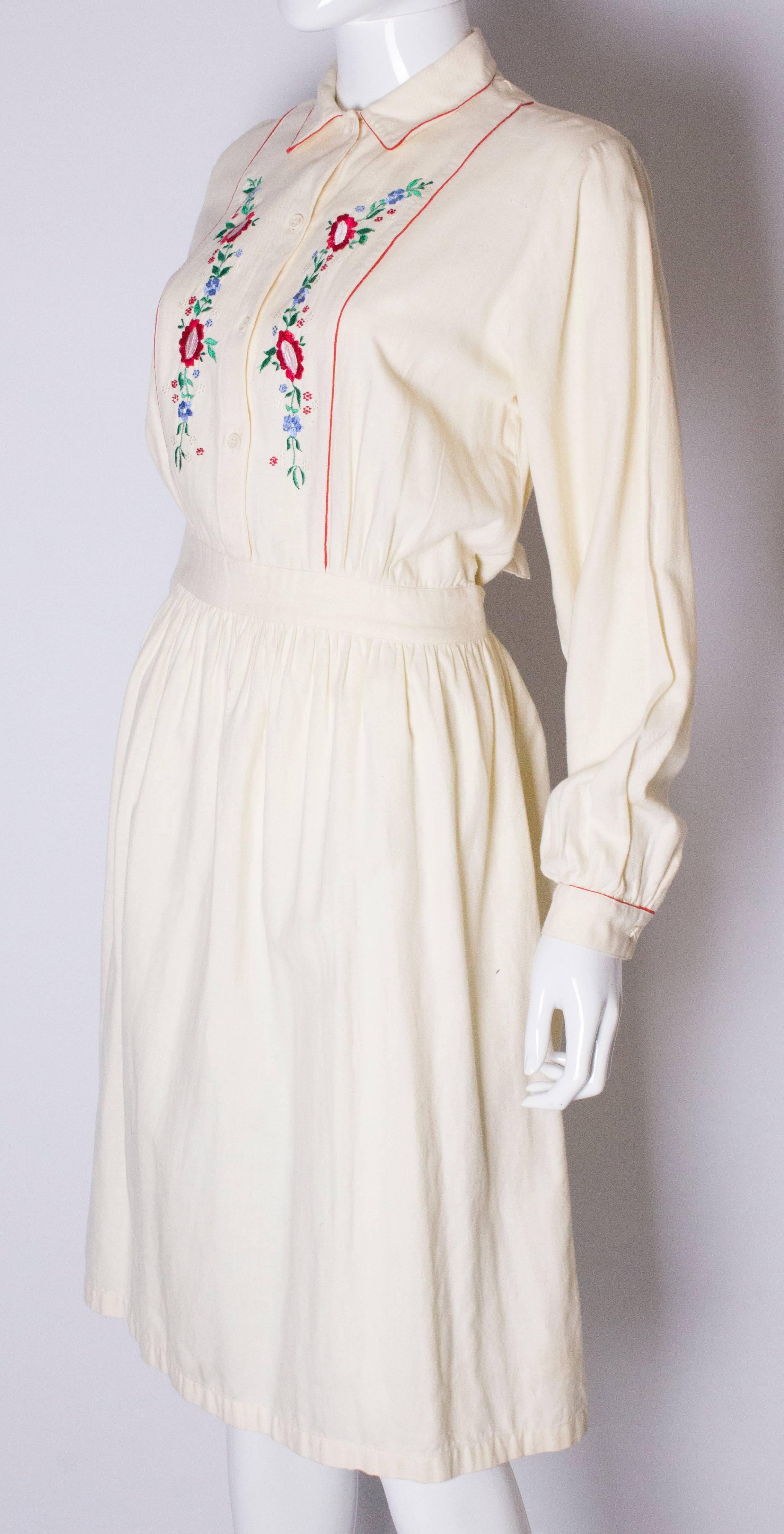 Beige A Vintage 1970s floral embroidered cotton day dress by Miss Selfridge 