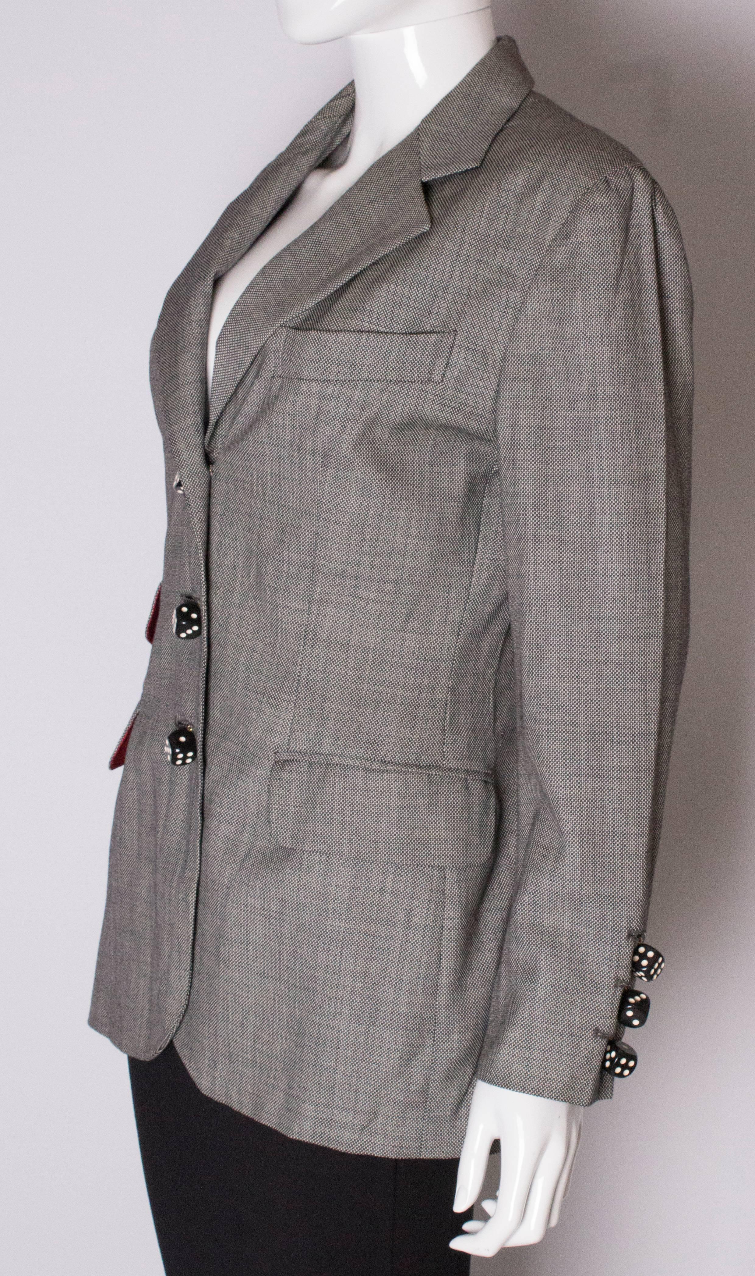 A Vintage 1990s grey button up dice button detail jacket by Moschino Couture  In Good Condition For Sale In London, GB