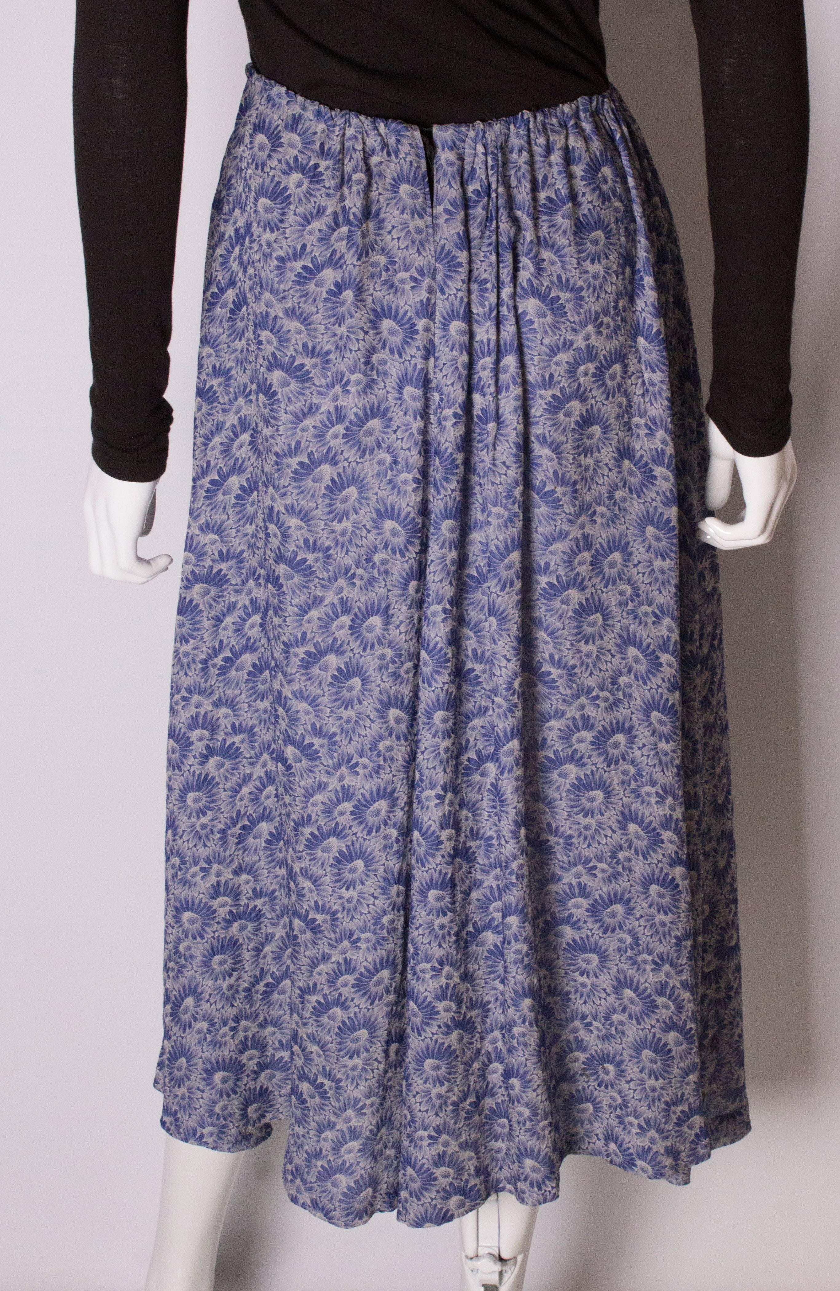 A Vintage 1970s Blue Floral printed Silk summer Skirt For Sale 4