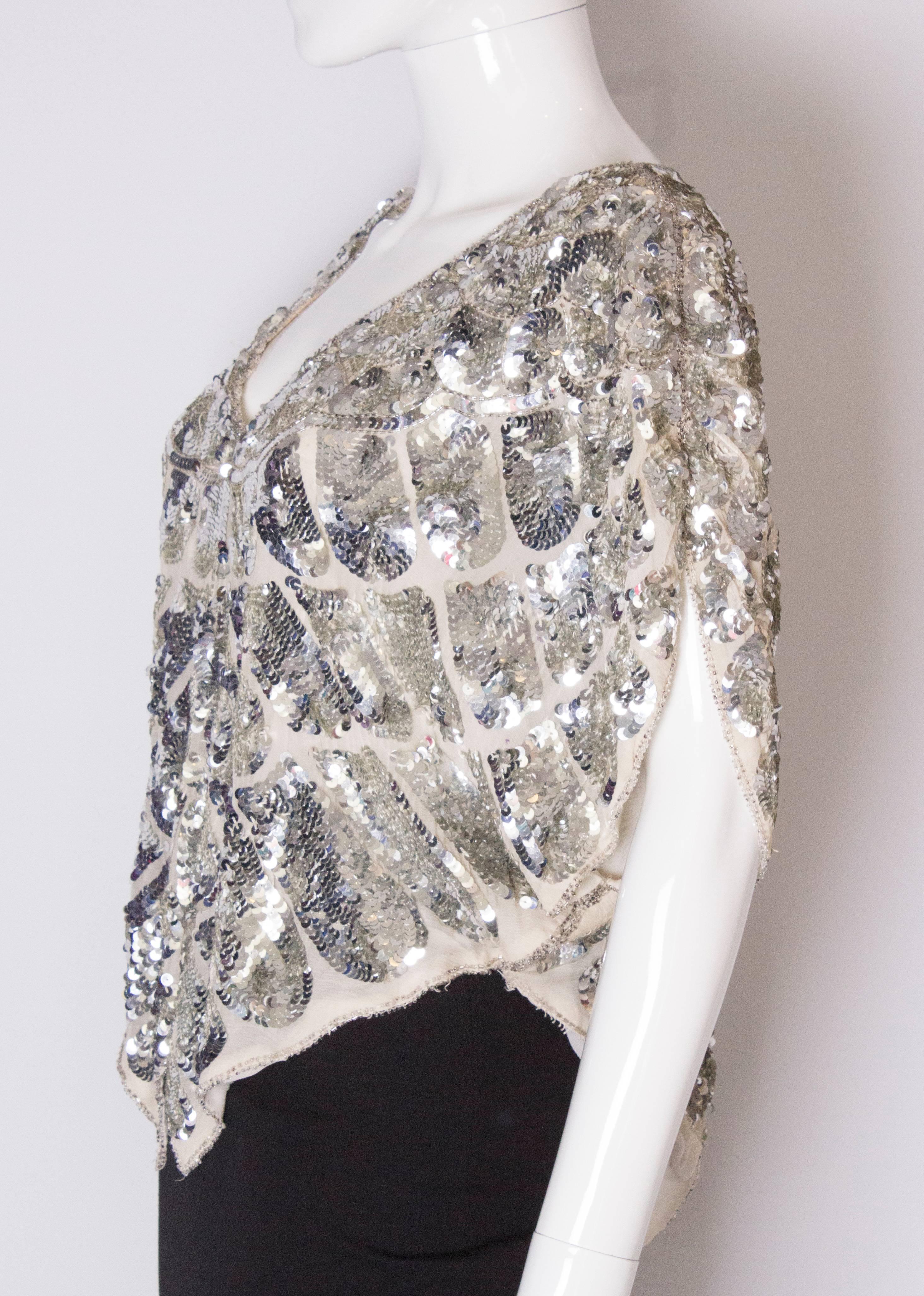 A Vintage 1980s Silver Sequin and Silk Butterfly Top In Good Condition In London, GB