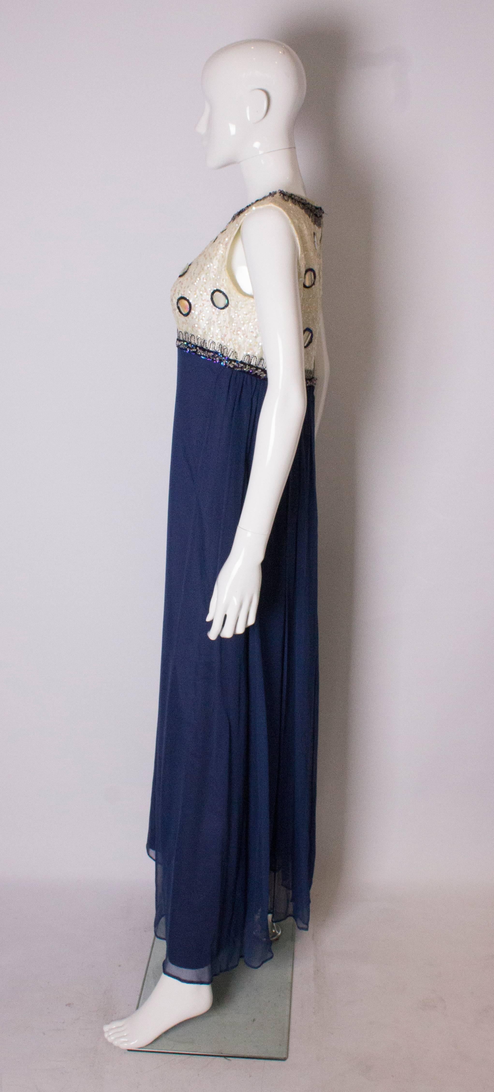 A Vintage 1960s sequin blue chiffon evening gown by Laura Phillips In Good Condition In London, GB