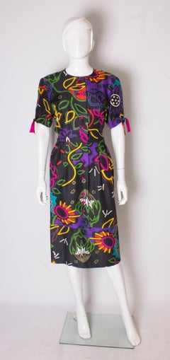 Robe de jour vintage en soie imprimée abstraite des années 1980 de Donald Campbell