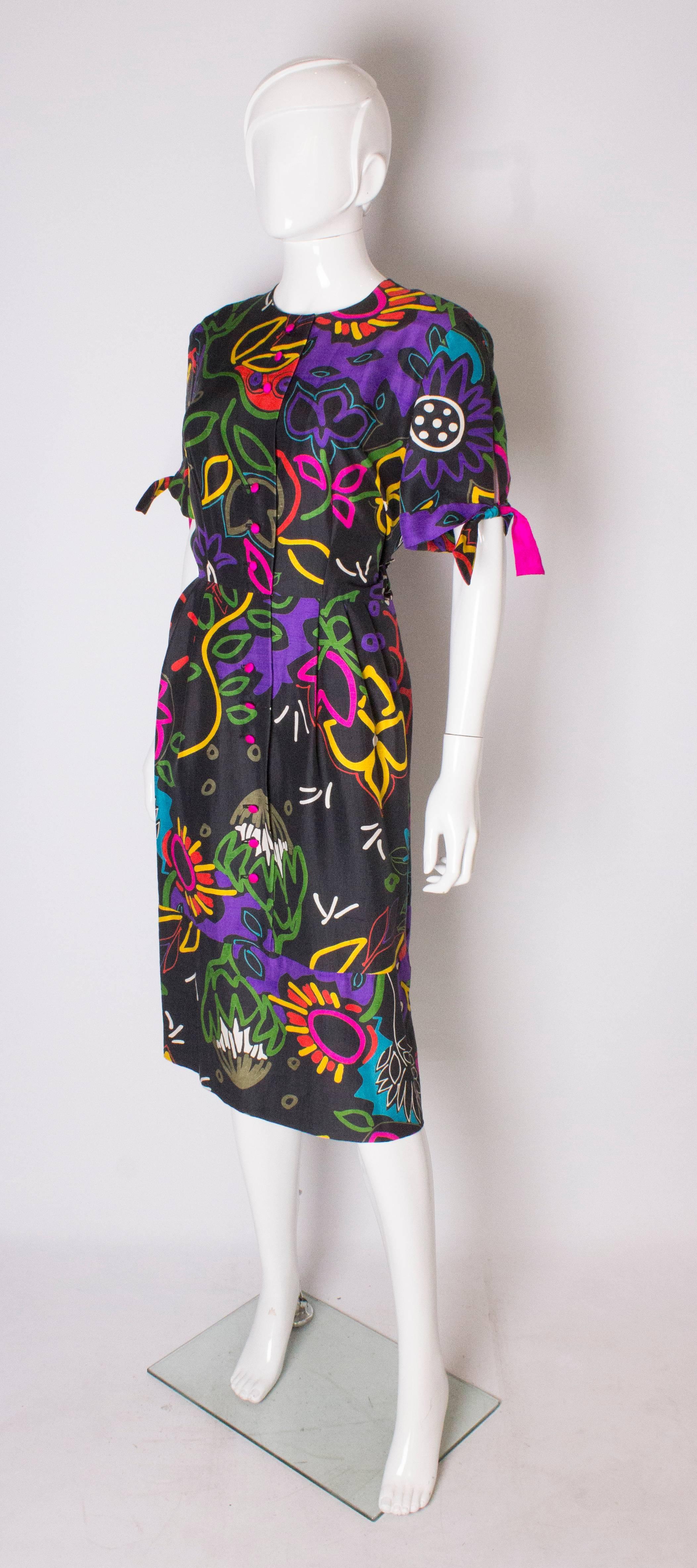 Black A Vintage 1980s abstract printed Silk day Dress by Donald Campbell For Sale