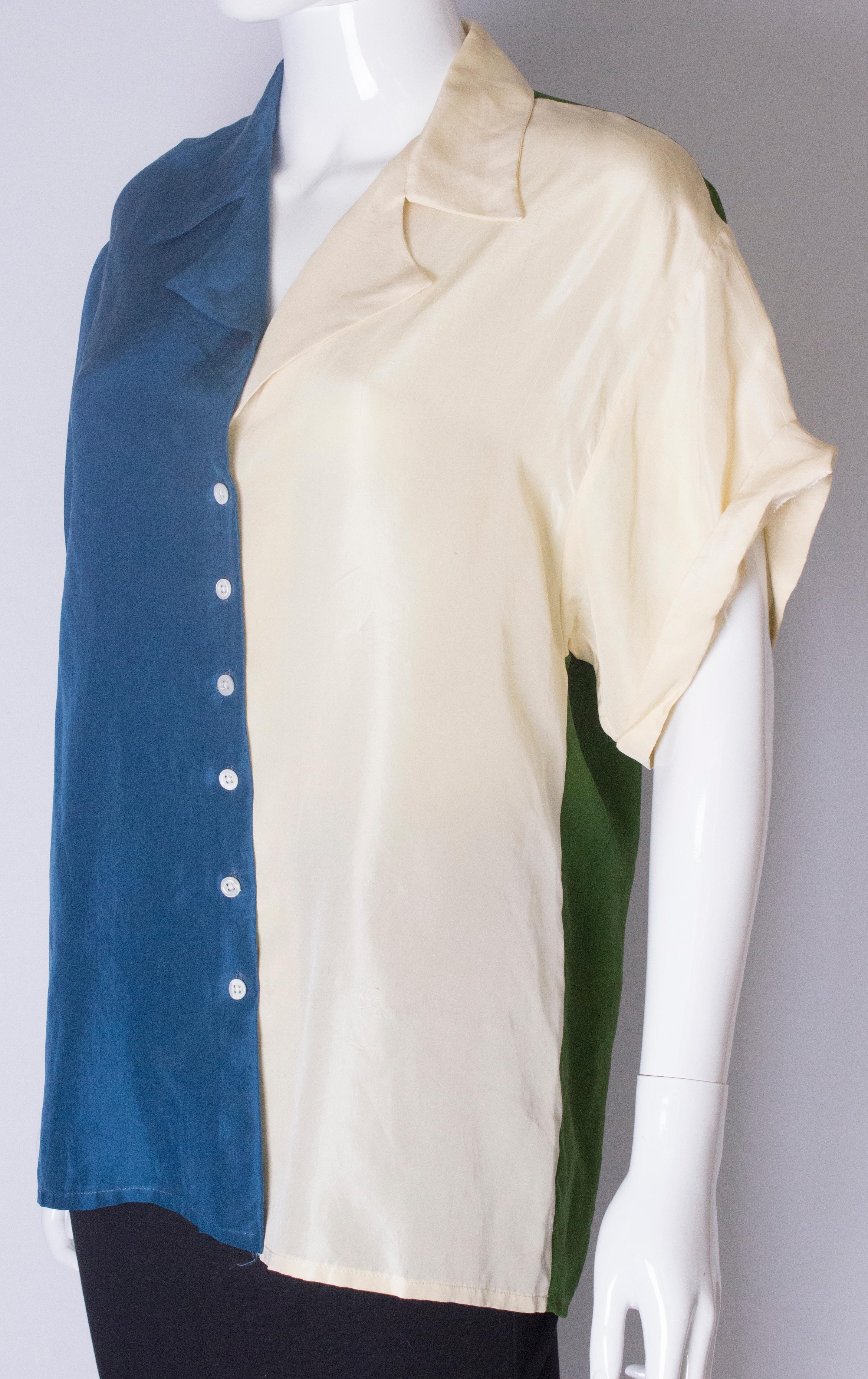 Blue A Vintage 1980s colour block Silk Shirt by Georgina von Etzdorf For Sale