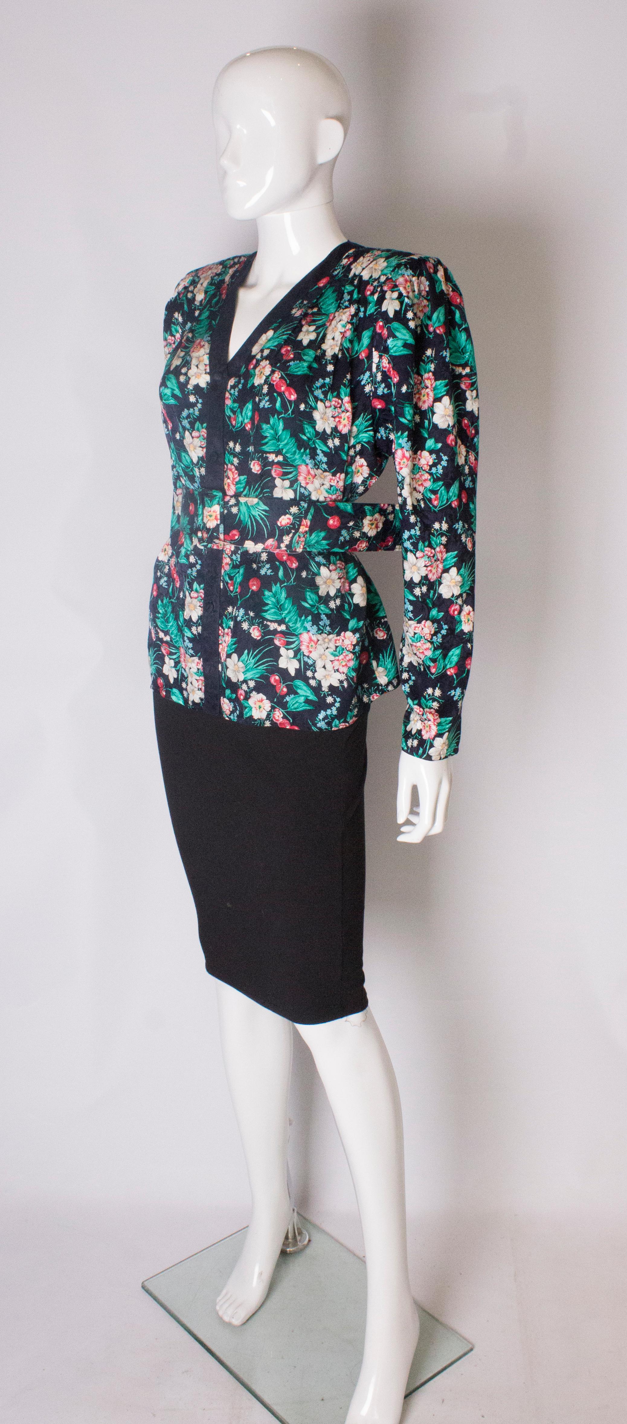 Black A Vintage 1980s silk floral printed jacket with matching belt by Diane Fres For Sale