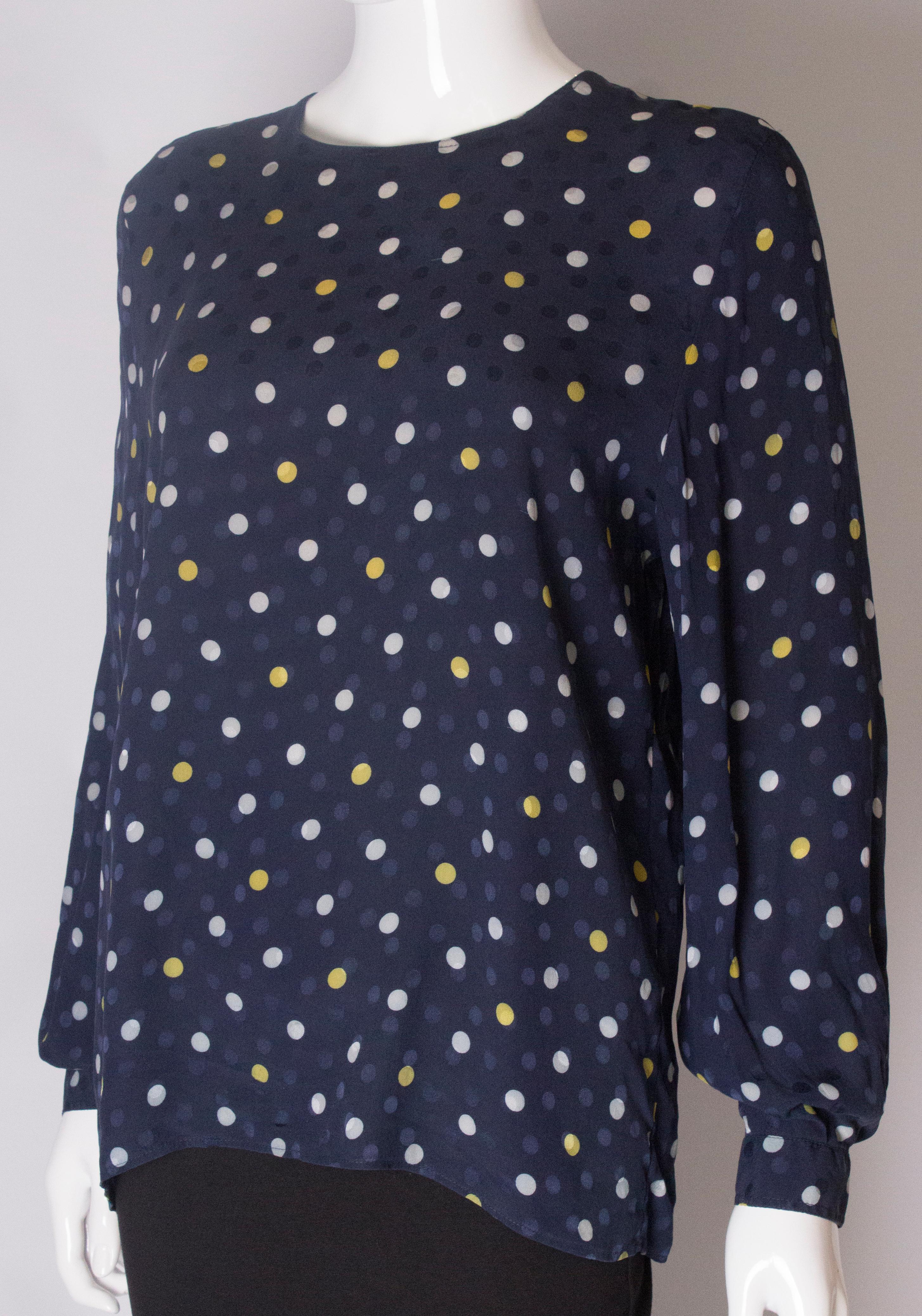 A Vintage 1990s navy polka dot silk blouse by Valentino  In Good Condition For Sale In London, GB