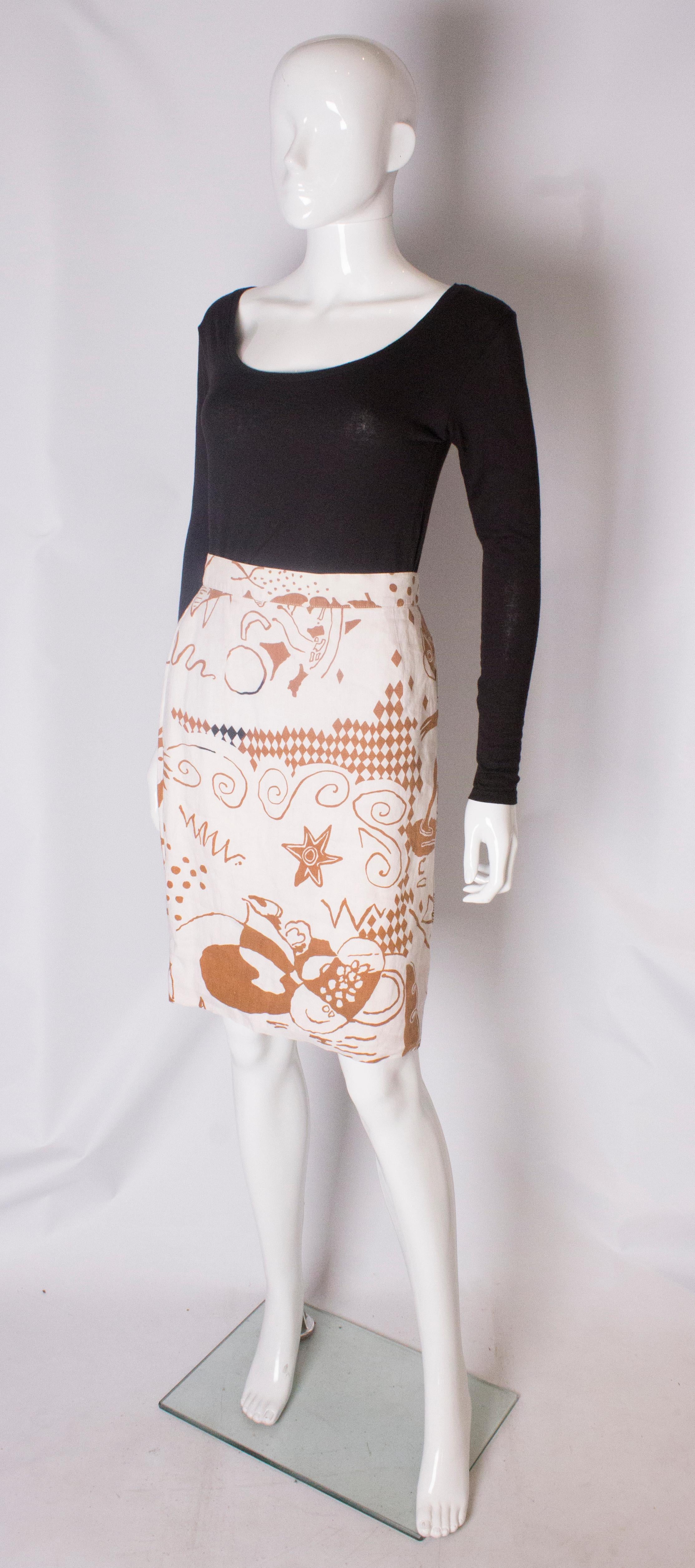 Gray A Vintage 1980s printed linen pencil skirt by Louis Feraud  For Sale