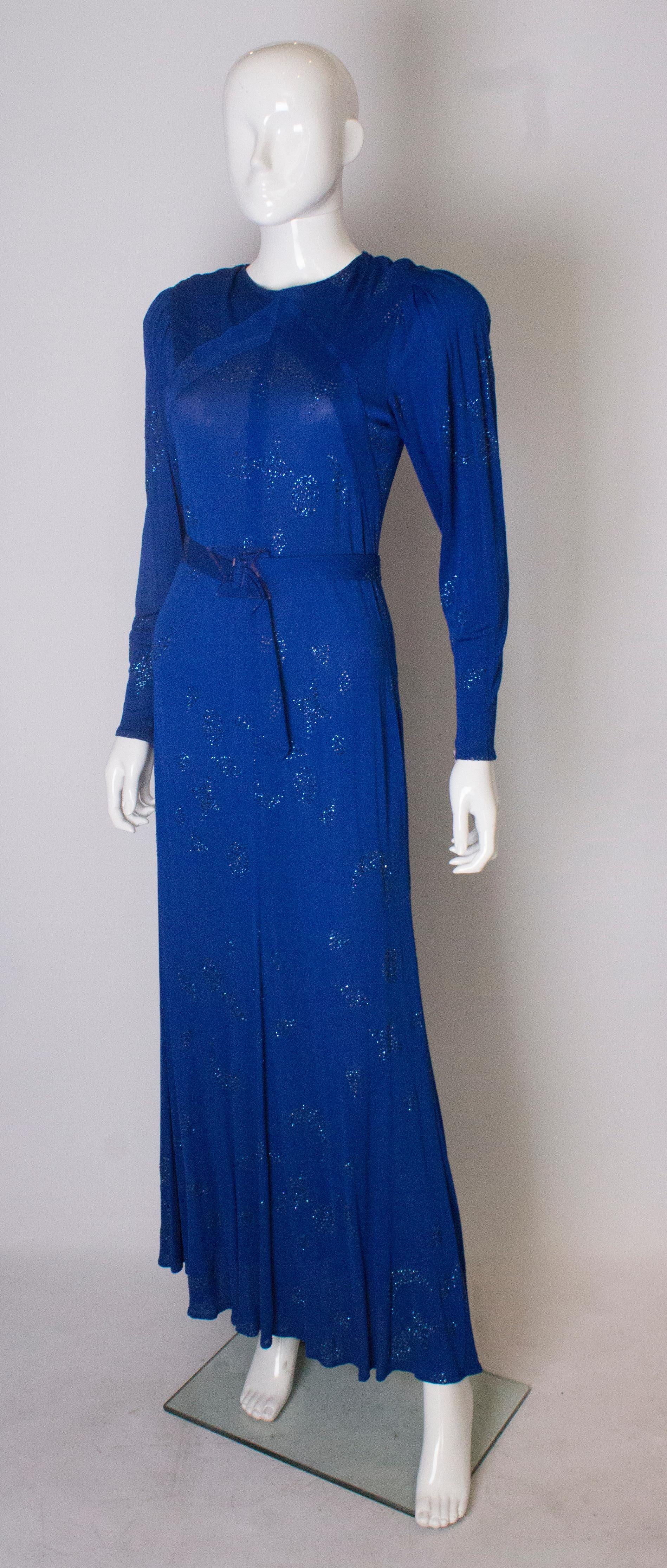 Blue A vintage 1970s electric blue and beaded evening gown by Jean Muir 