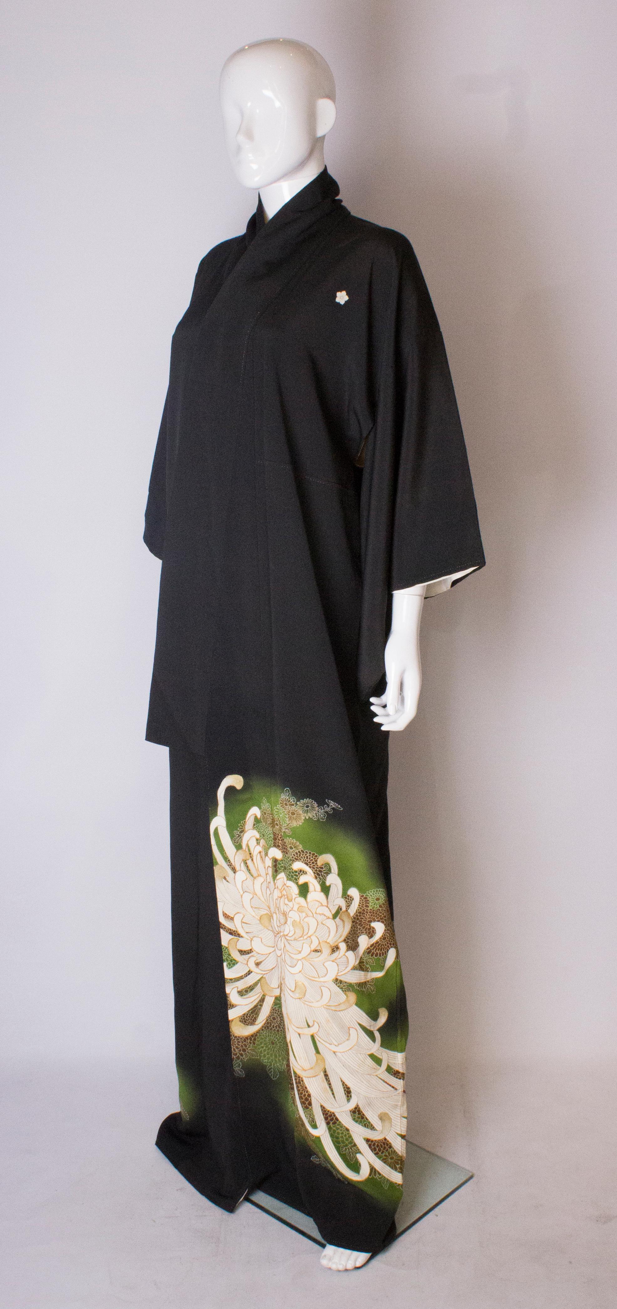 Black Vintage Japanese Kimono with Floral Detail