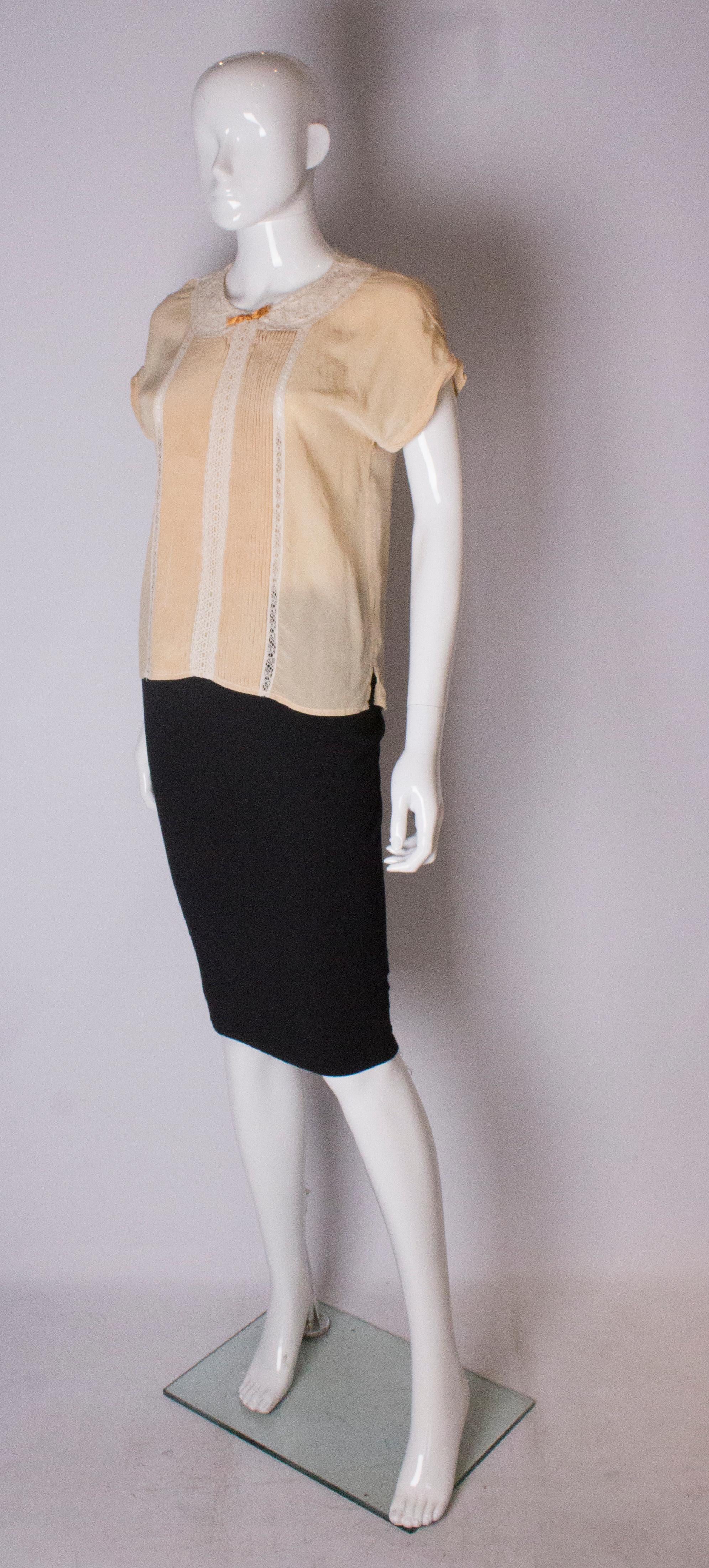 Beige Vintage Tea Stained Silk Top For Sale