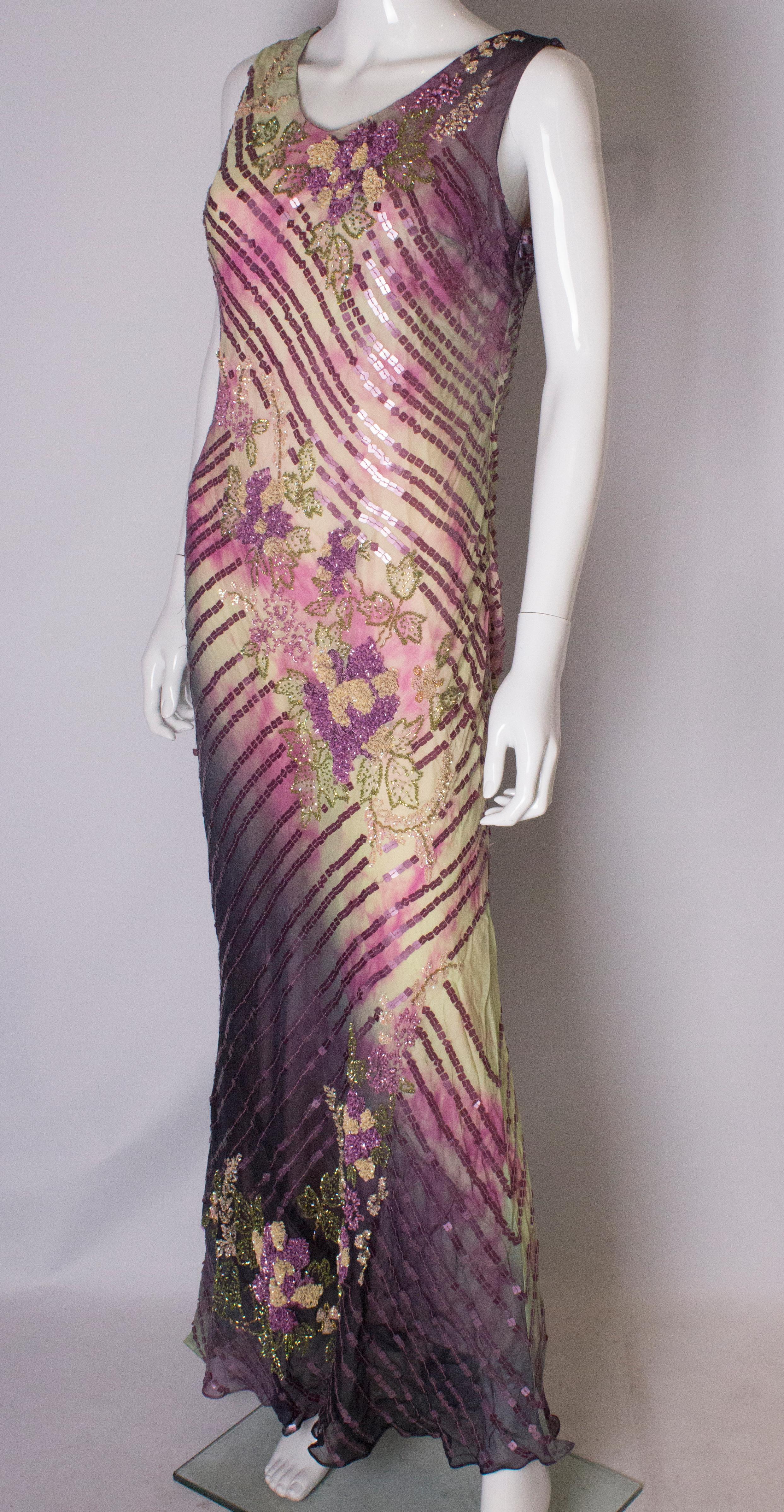 Beaded Vintage Gown with Tie Die Effect In Good Condition For Sale In London, GB