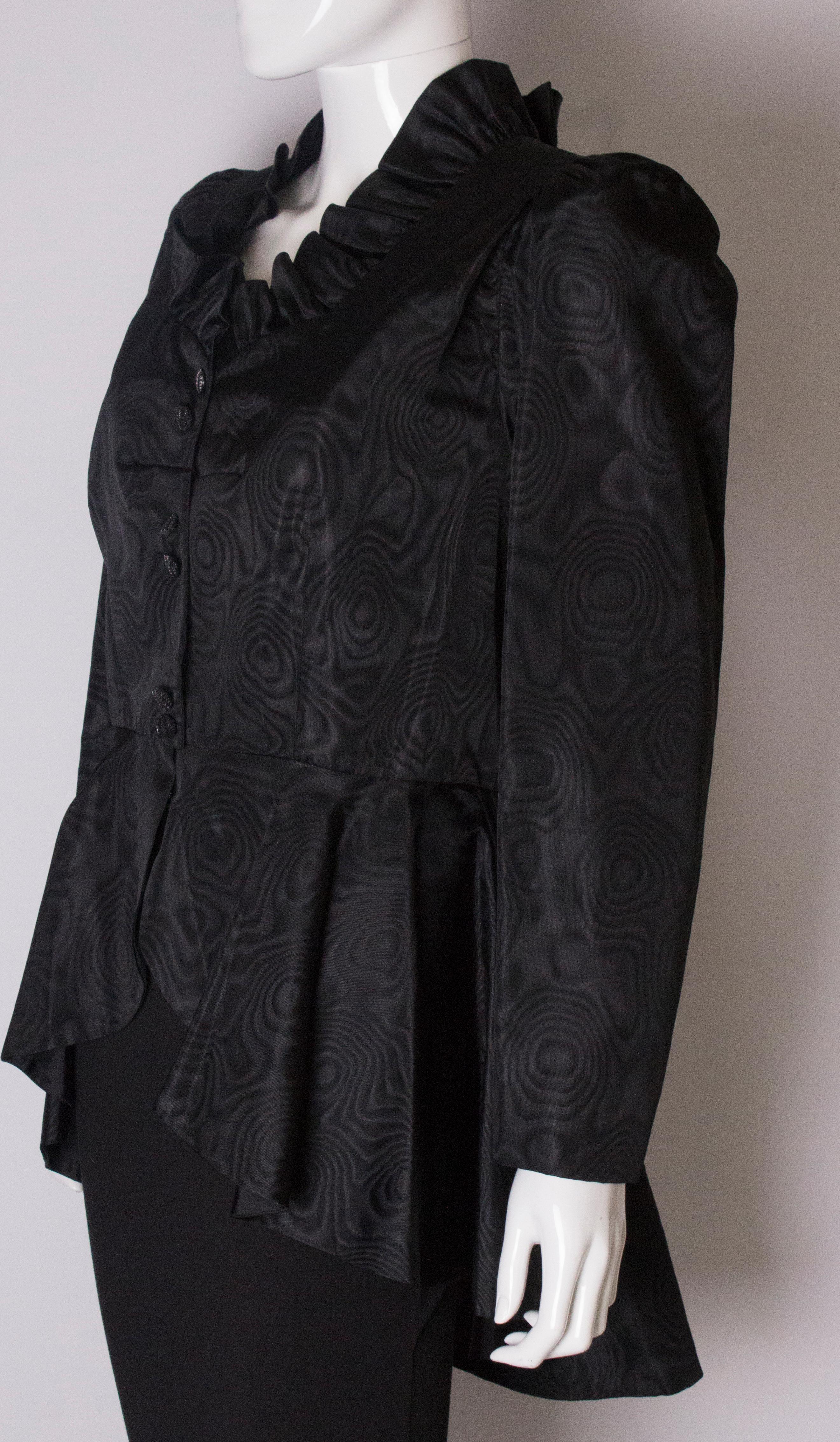 Black Moire Silk Vintage Jacket with Frill Edged Collar and Peplum In Good Condition For Sale In London, GB