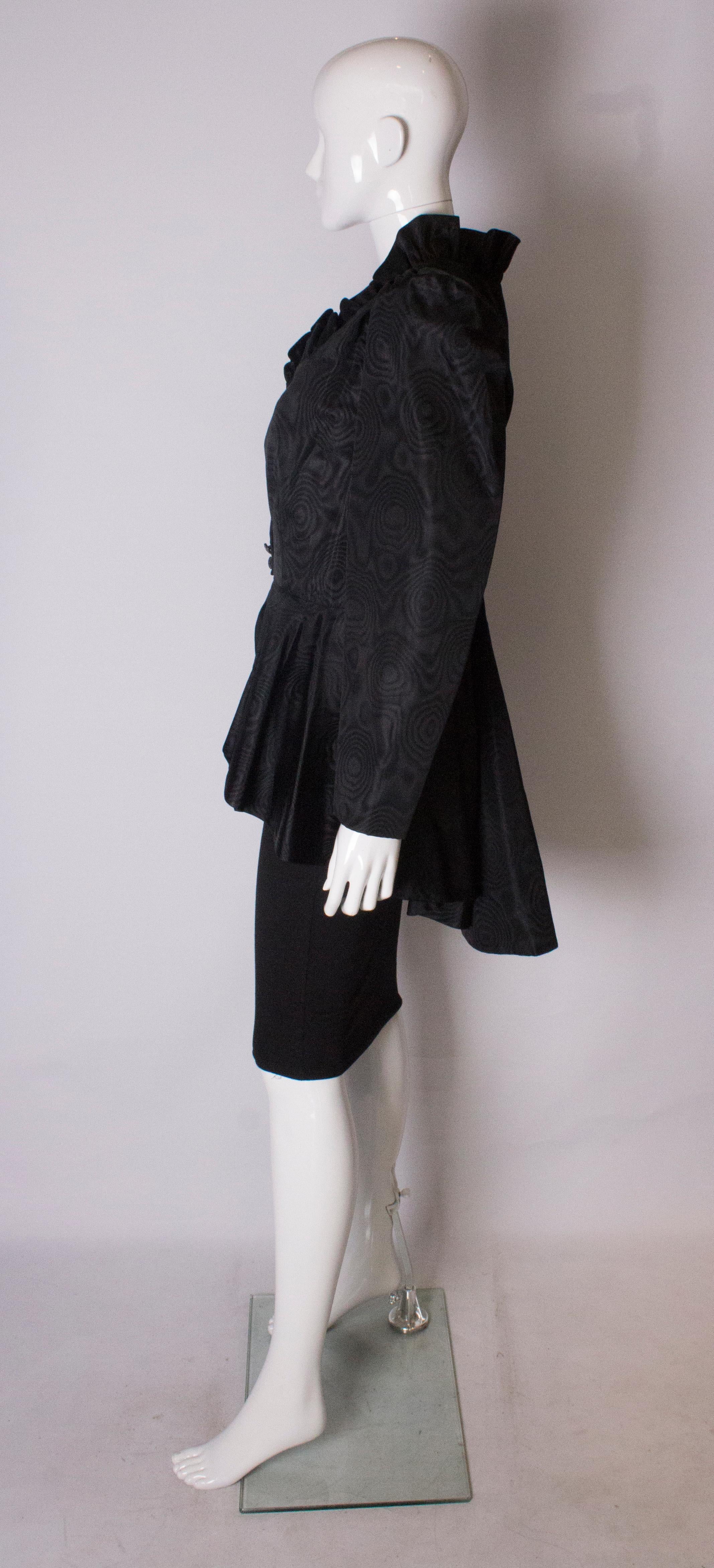 Women's Black Moire Silk Vintage Jacket with Frill Edged Collar and Peplum For Sale