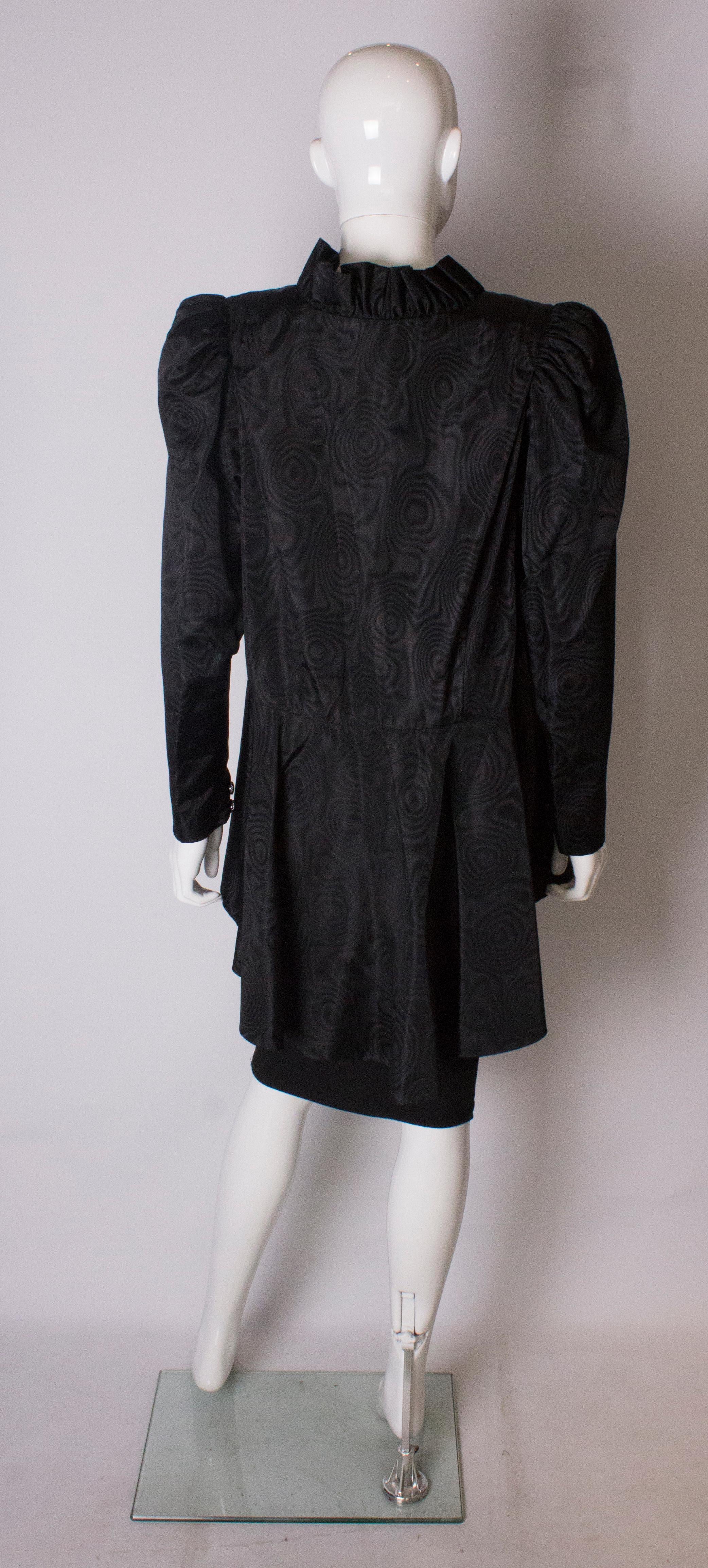 Black Moire Silk Vintage Jacket with Frill Edged Collar and Peplum For Sale 2