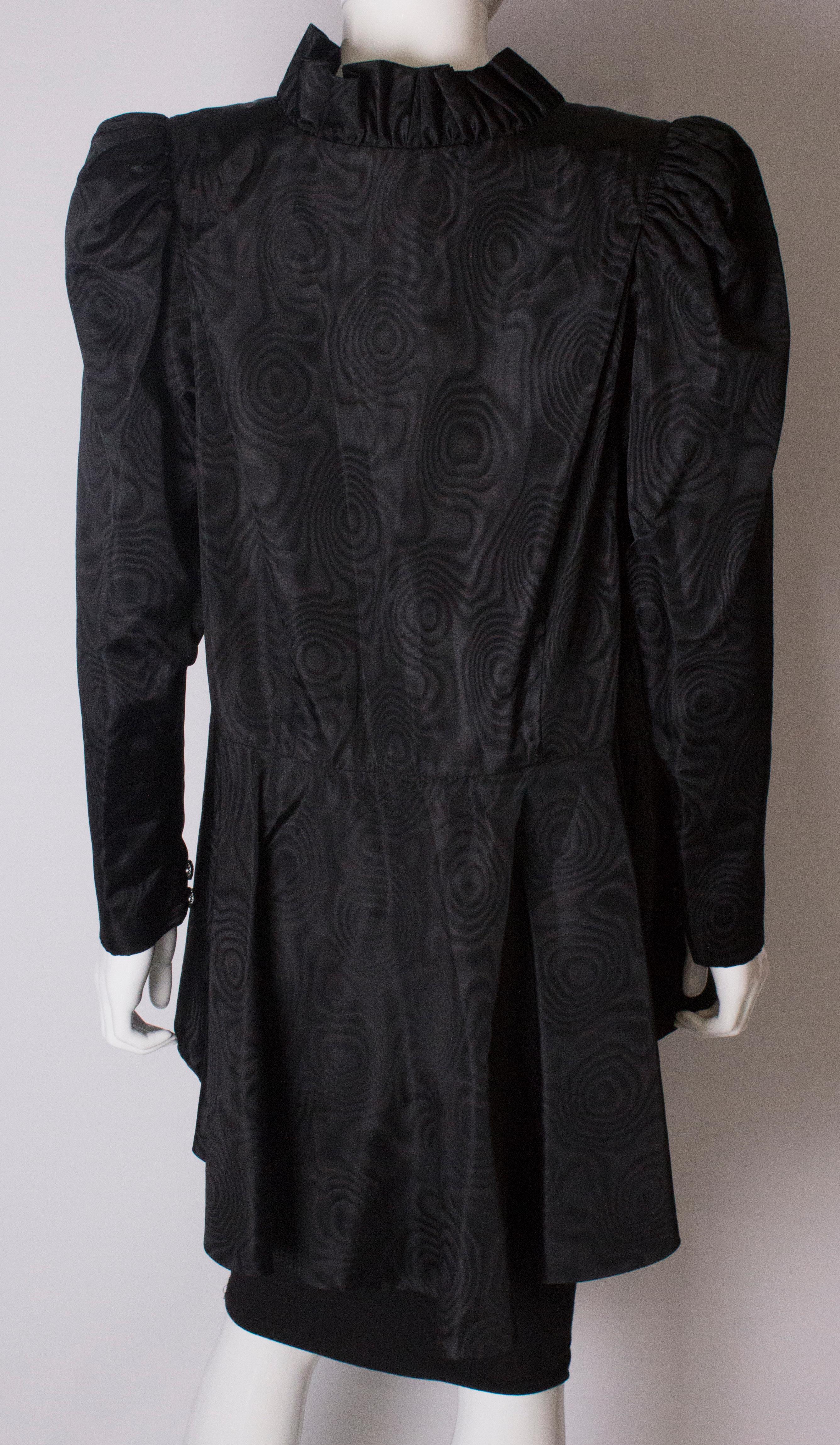 Black Moire Silk Vintage Jacket with Frill Edged Collar and Peplum For Sale 3