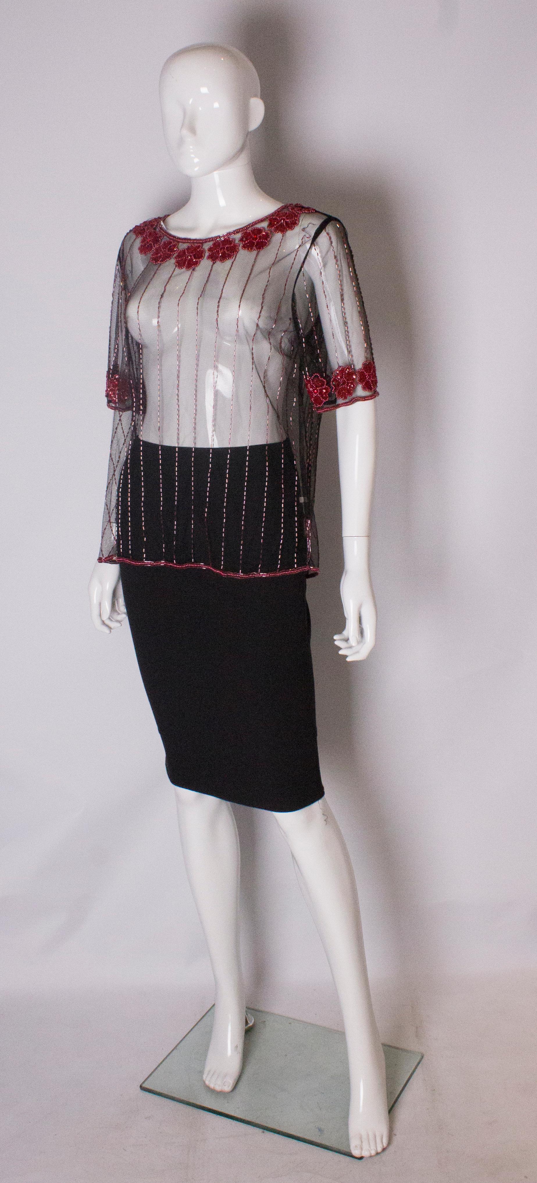 Black Net T Shirt Shirt with Sequin and Bead Embellishment, 1970s For Sale