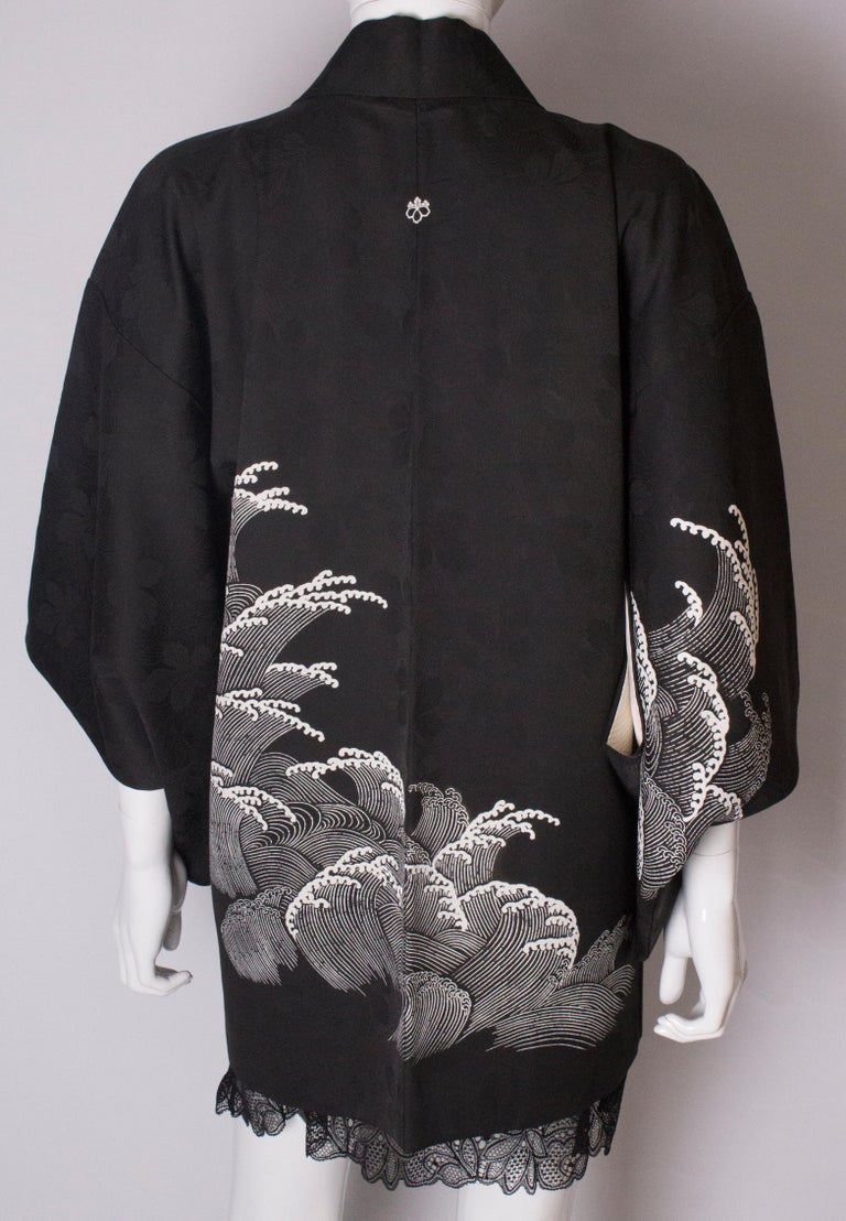Black Silk Vintage Kimono with Wave detail, 1980s at 1stDibs