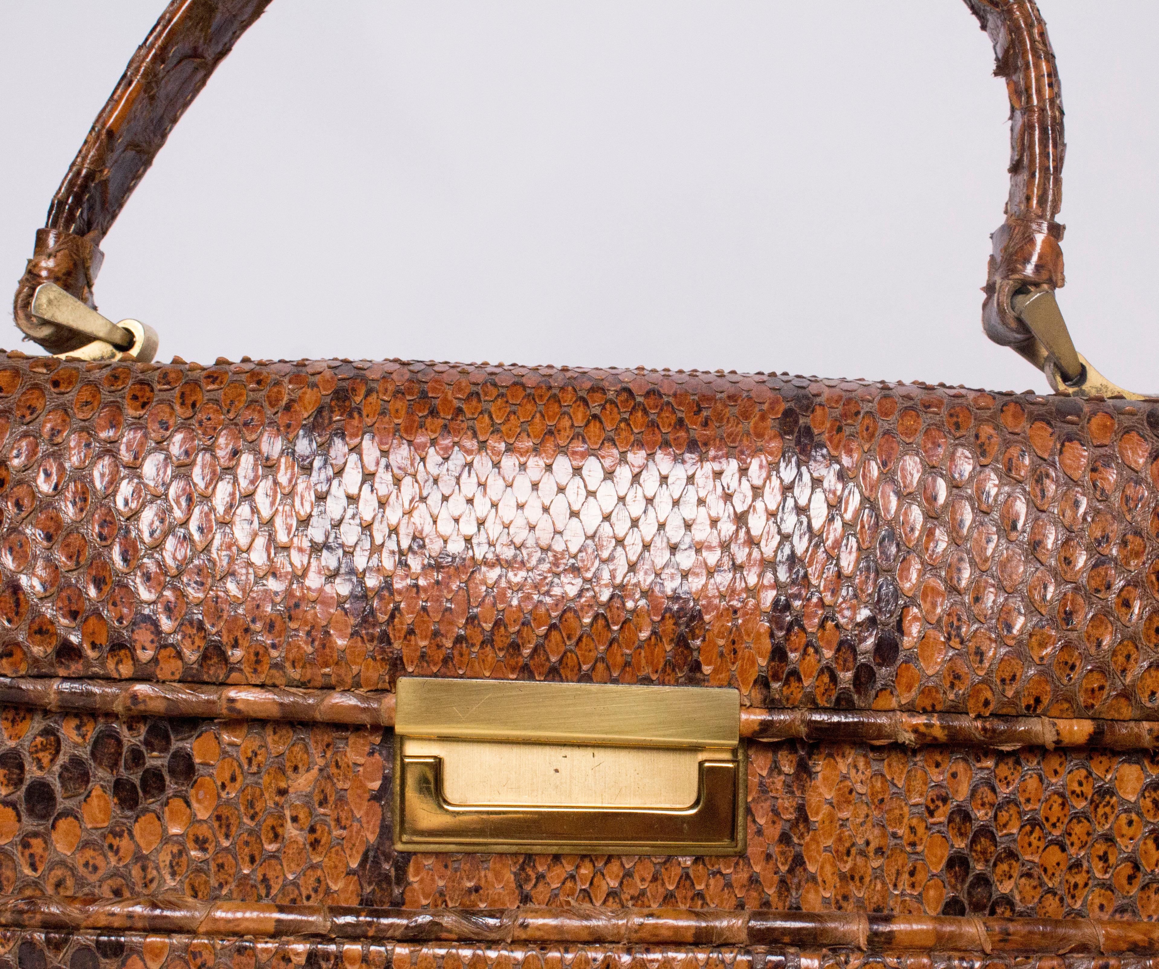 Tan and Brown Vintage Top handle Snakeskin Bag, 1940s   In Good Condition In London, GB