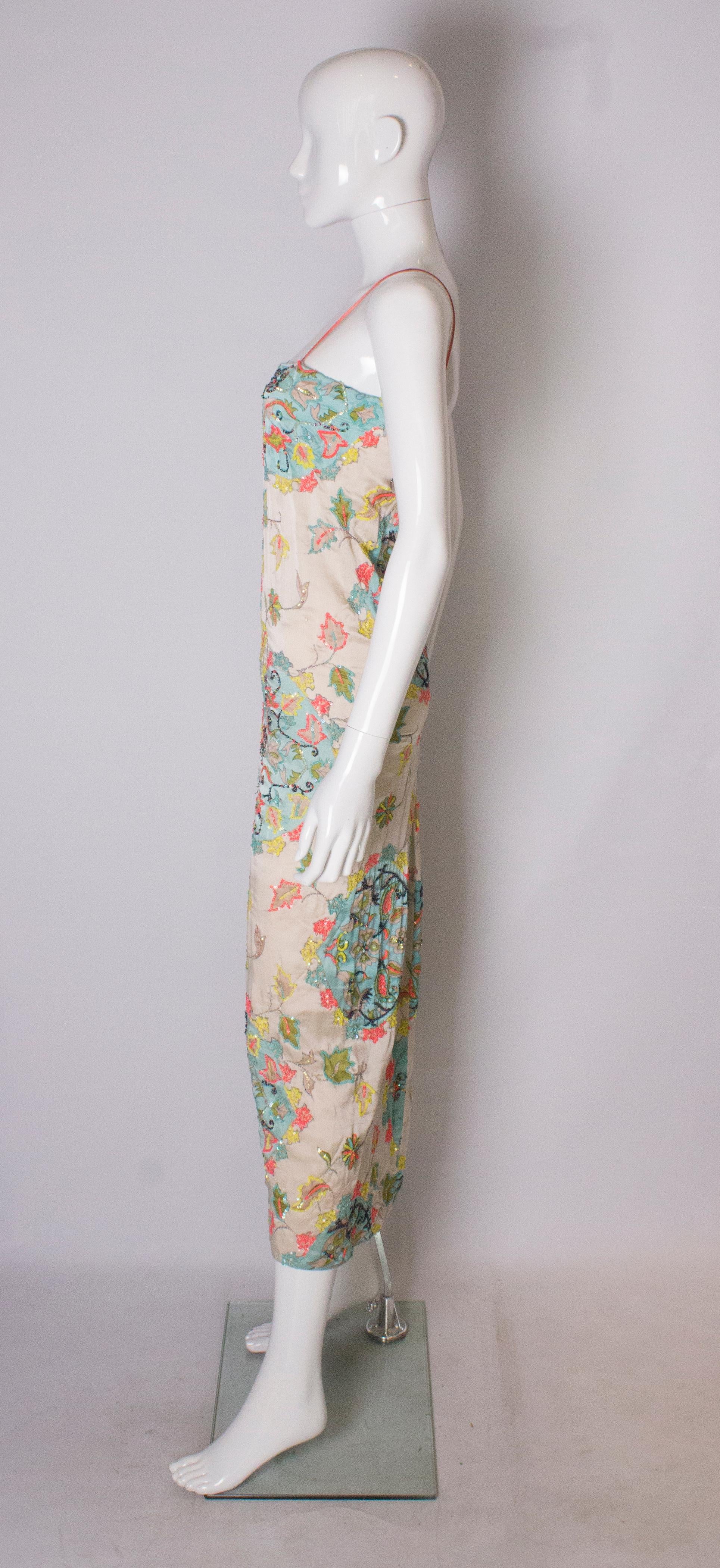 Silk Column Vintage Dress with Sequin and Bead Embellishment In Good Condition For Sale In London, GB