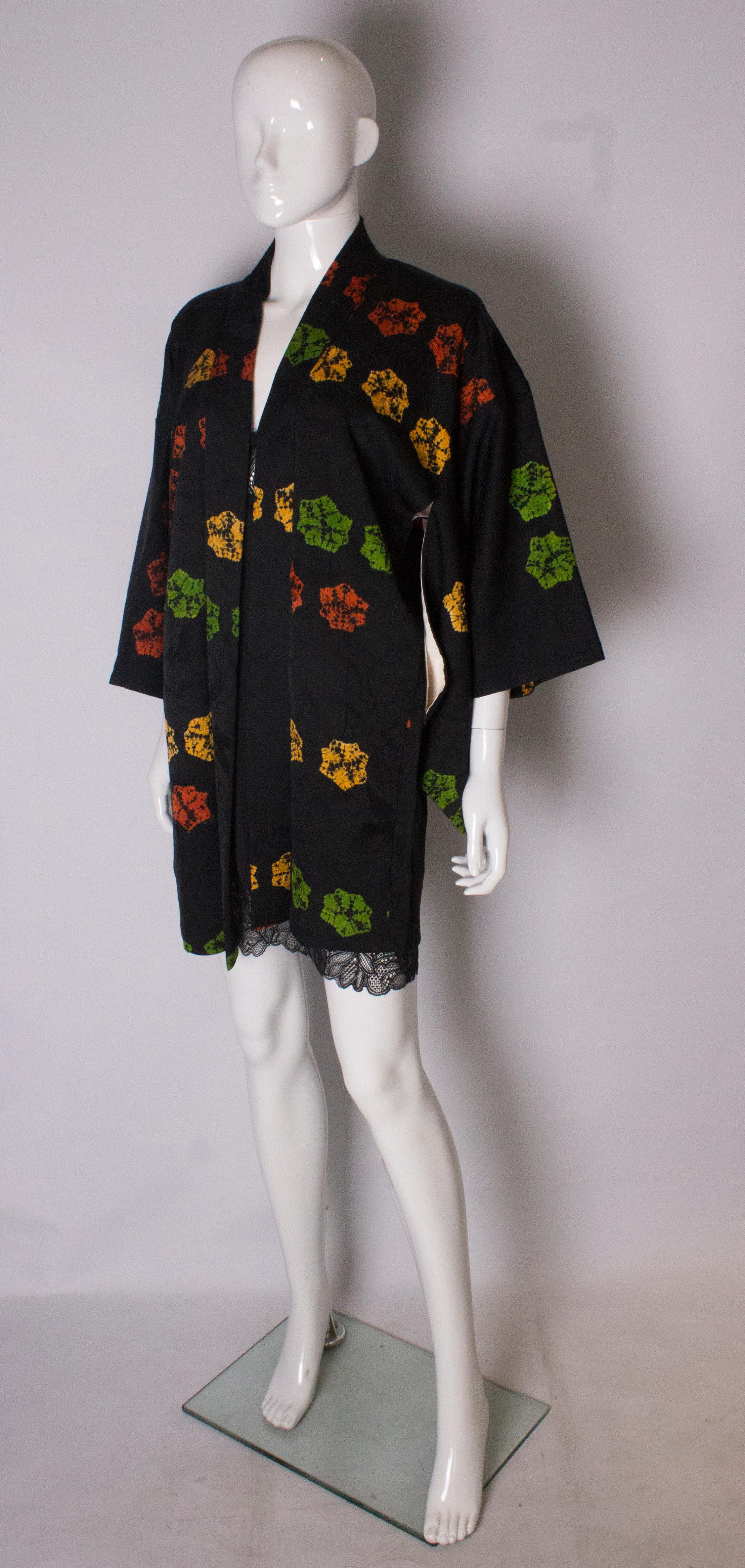 Black Short Vintage Kimono with Multi colour Flower Decoration