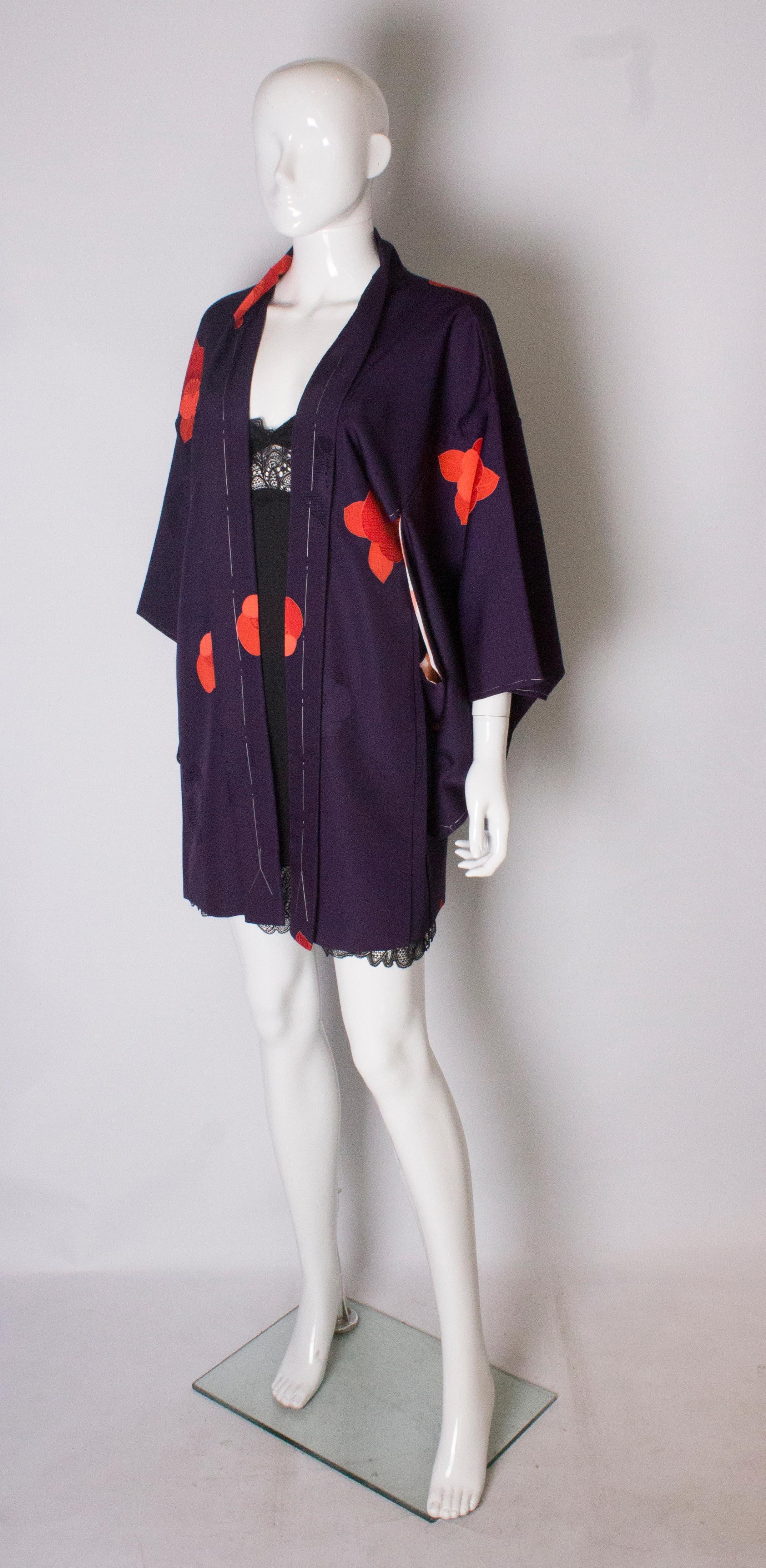Red Short Purple Vintage Kimono with Scarlet Flowers