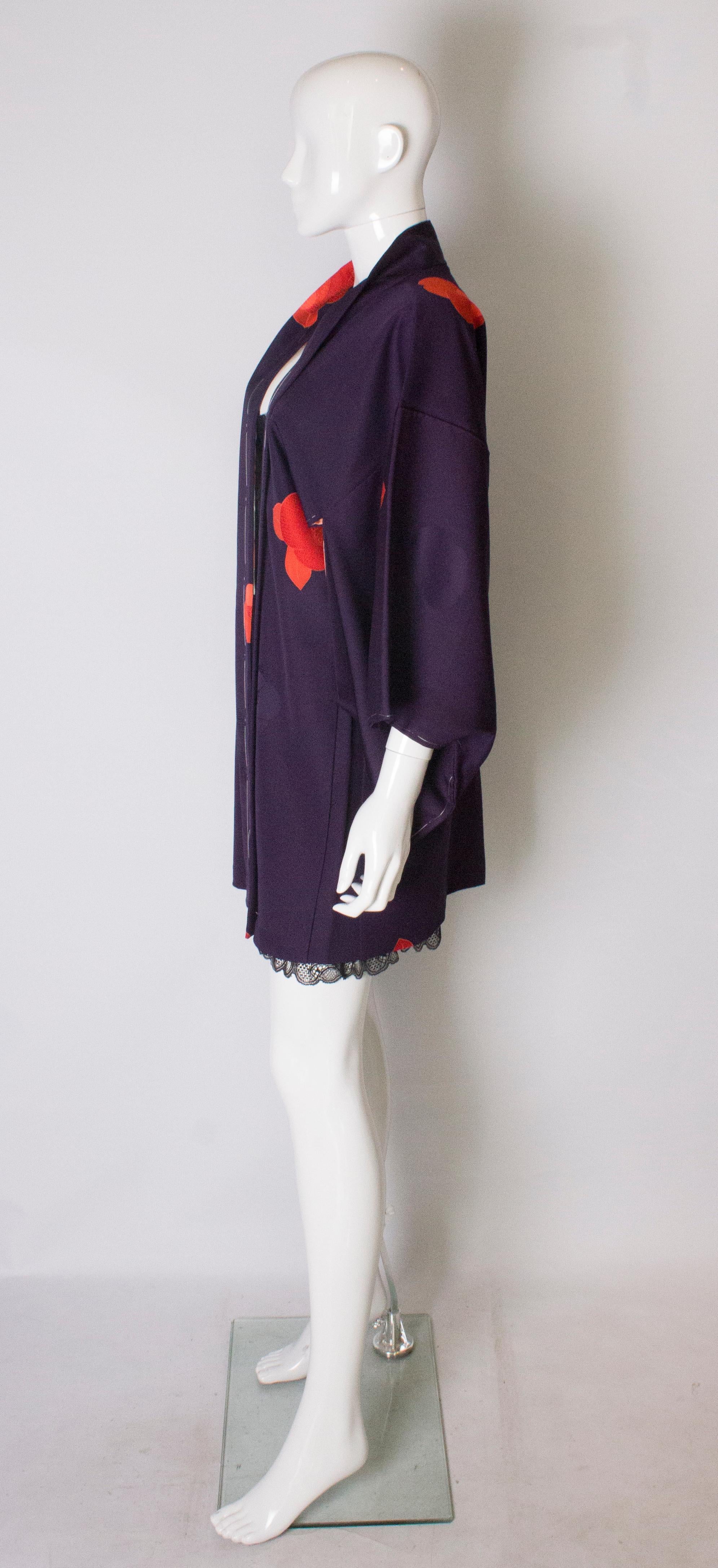 Women's or Men's Short Purple Vintage Kimono with Scarlet Flowers