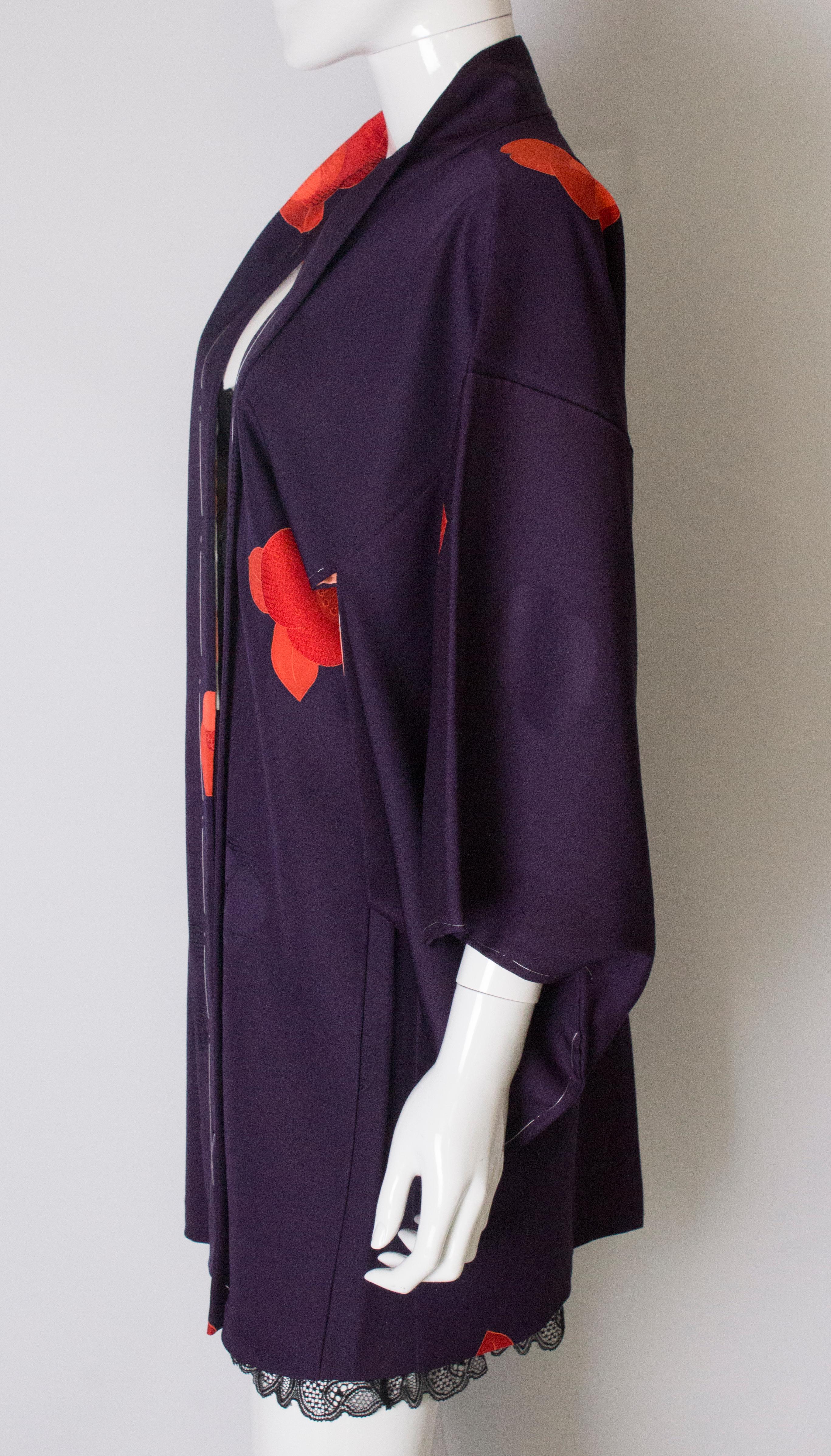 Short Purple Vintage Kimono with Scarlet Flowers 1