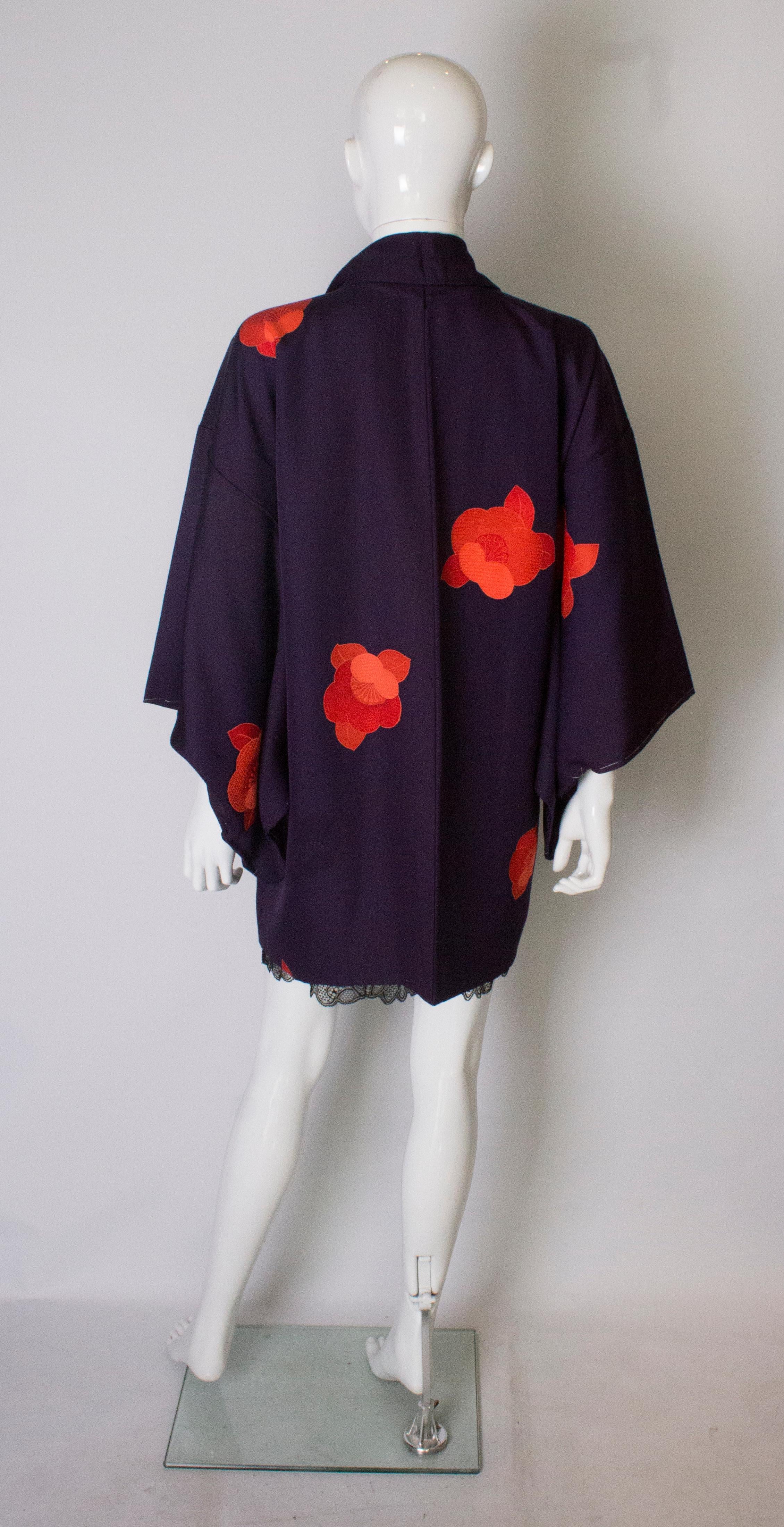 Short Purple Vintage Kimono with Scarlet Flowers 2