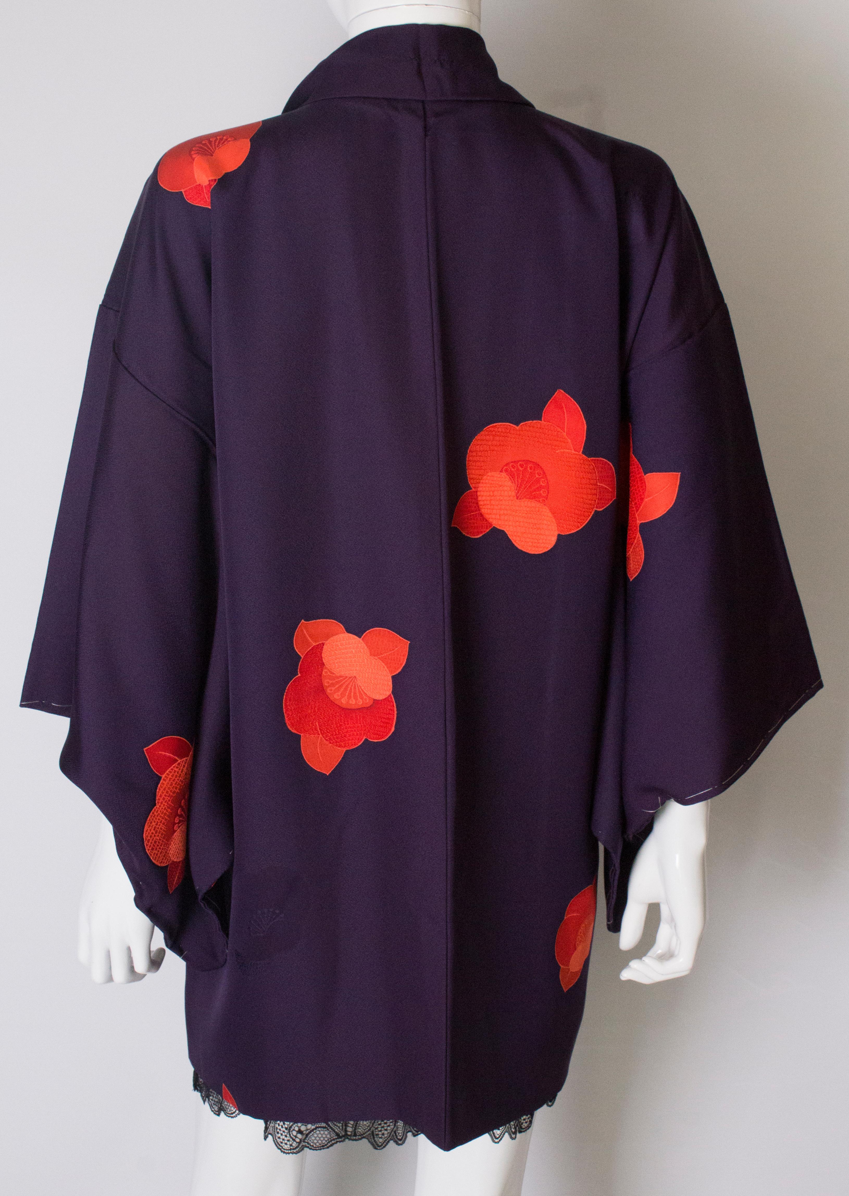 Short Purple Vintage Kimono with Scarlet Flowers 3