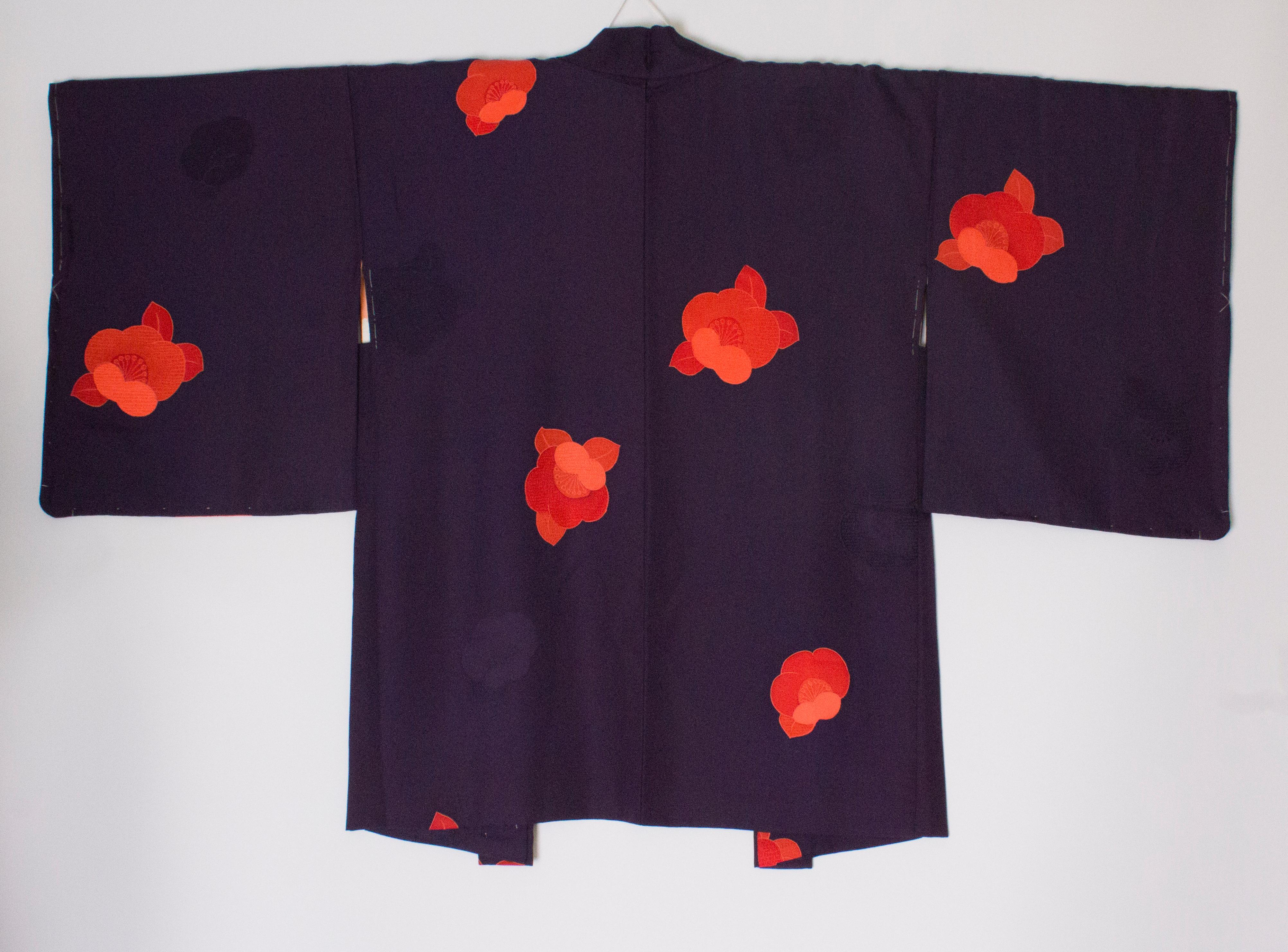 Short Purple Vintage Kimono with Scarlet Flowers 4