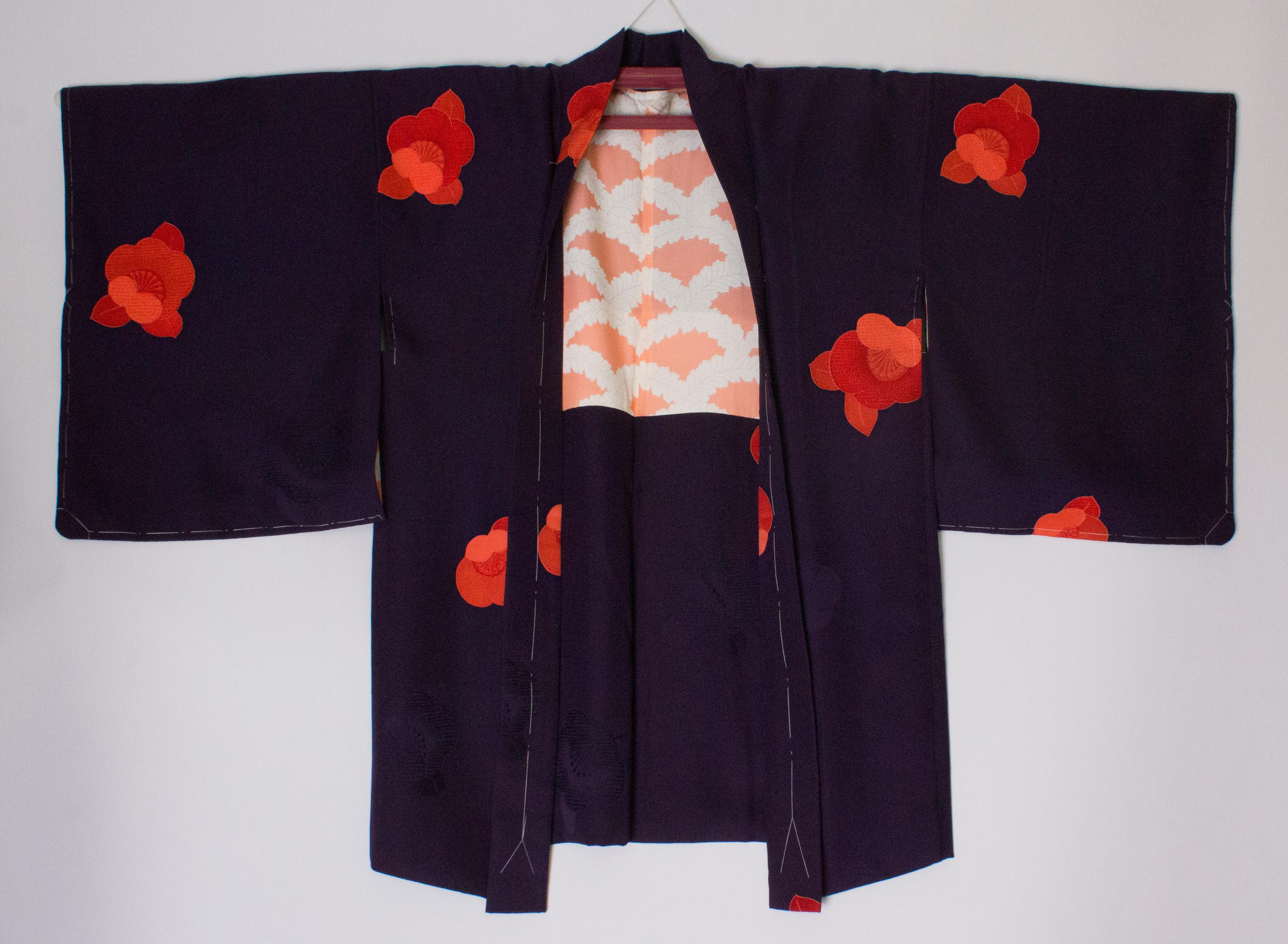 Short Purple Vintage Kimono with Scarlet Flowers 5