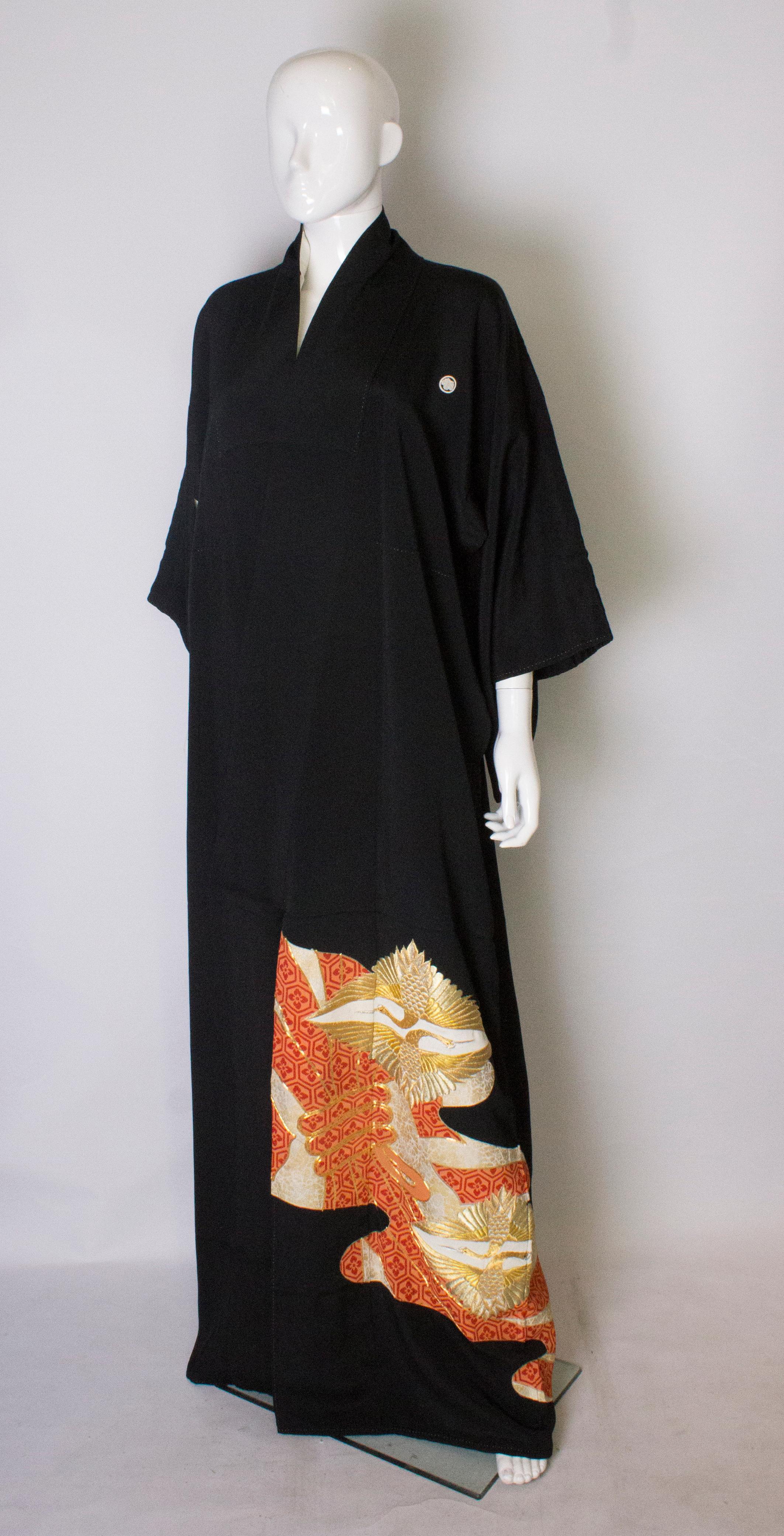 Black Full Length Vintage Kimono with Dancing Crane Decoration