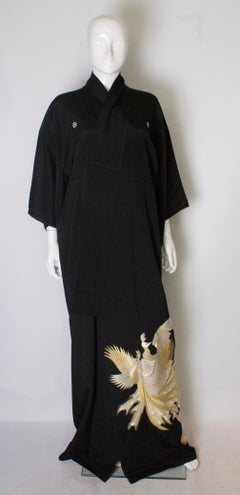 Full Length Vintage Kimono with Embroidered Gold and Silver Peacocks