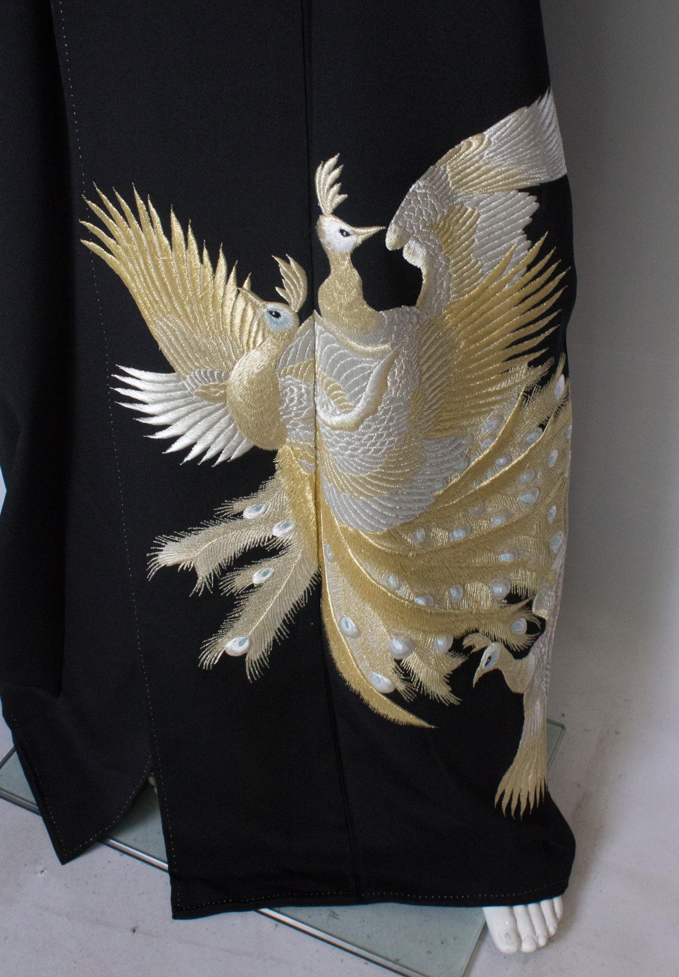 Black Full Length Vintage Kimono with Embroidered Gold and Silver Peacocks 