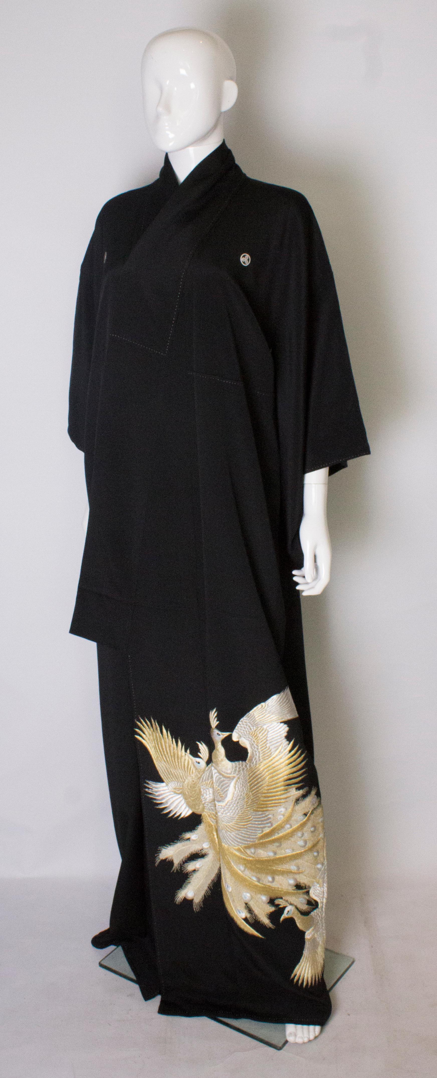 Full Length Vintage Kimono with Embroidered Gold and Silver Peacocks  In Good Condition In London, GB