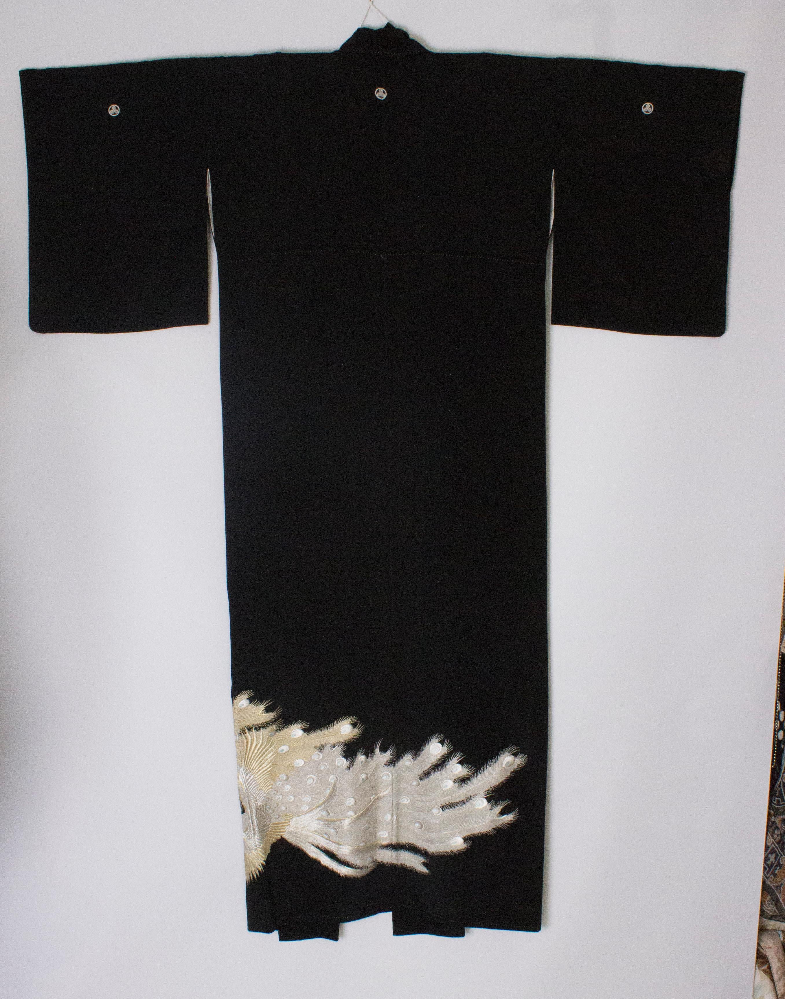 Full Length Vintage Kimono with Embroidered Gold and Silver Peacocks  3