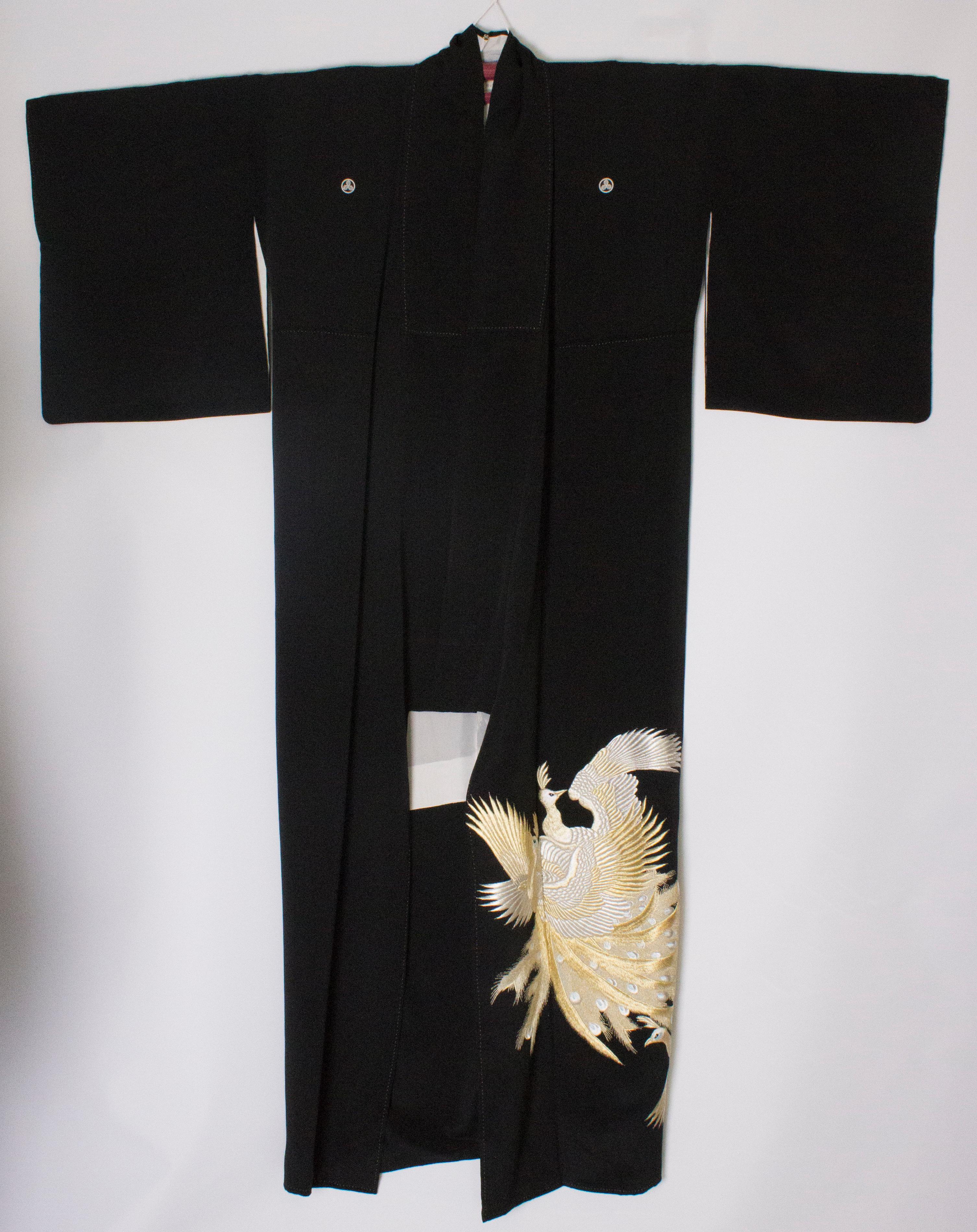 Full Length Vintage Kimono with Embroidered Gold and Silver Peacocks  4