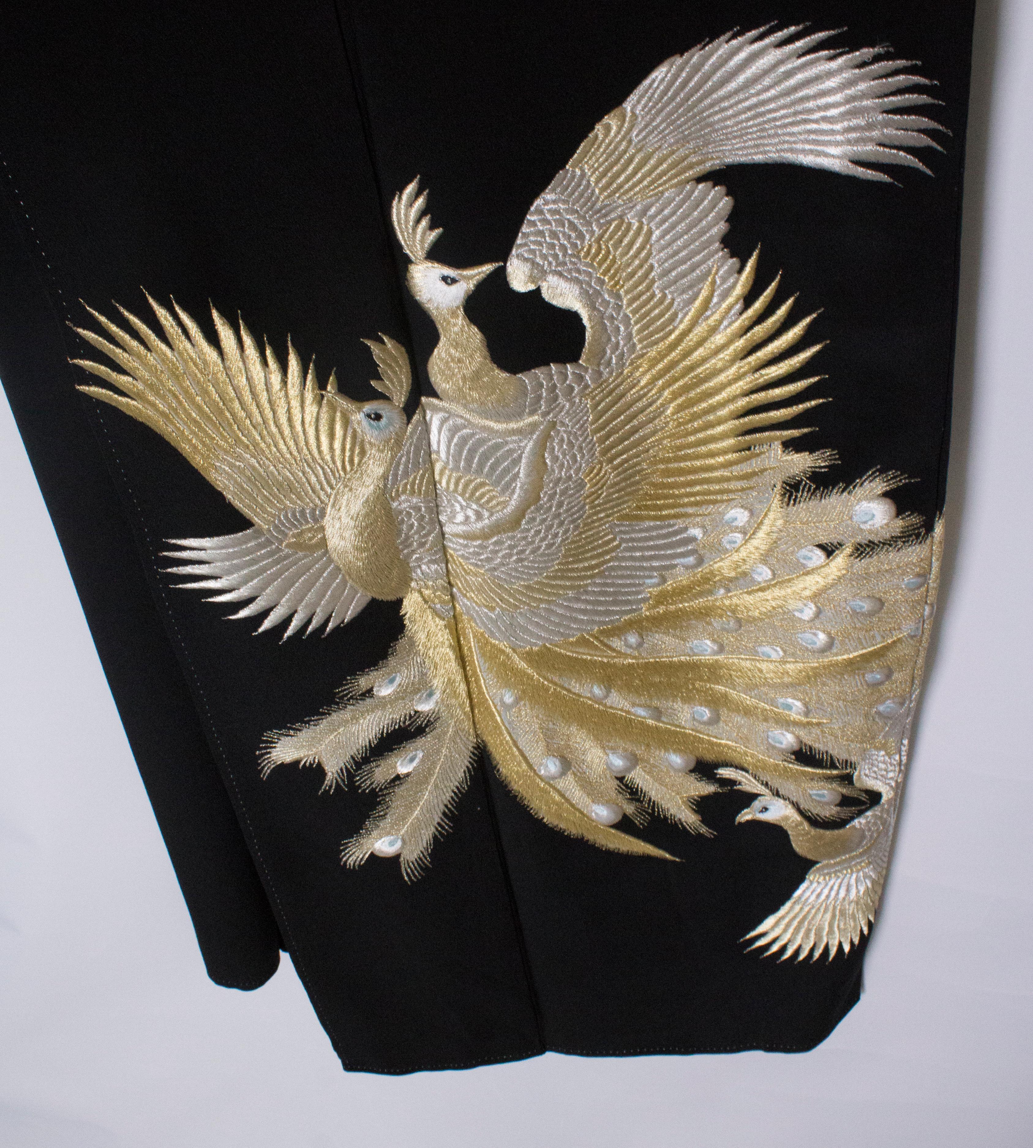Full Length Vintage Kimono with Embroidered Gold and Silver Peacocks  5