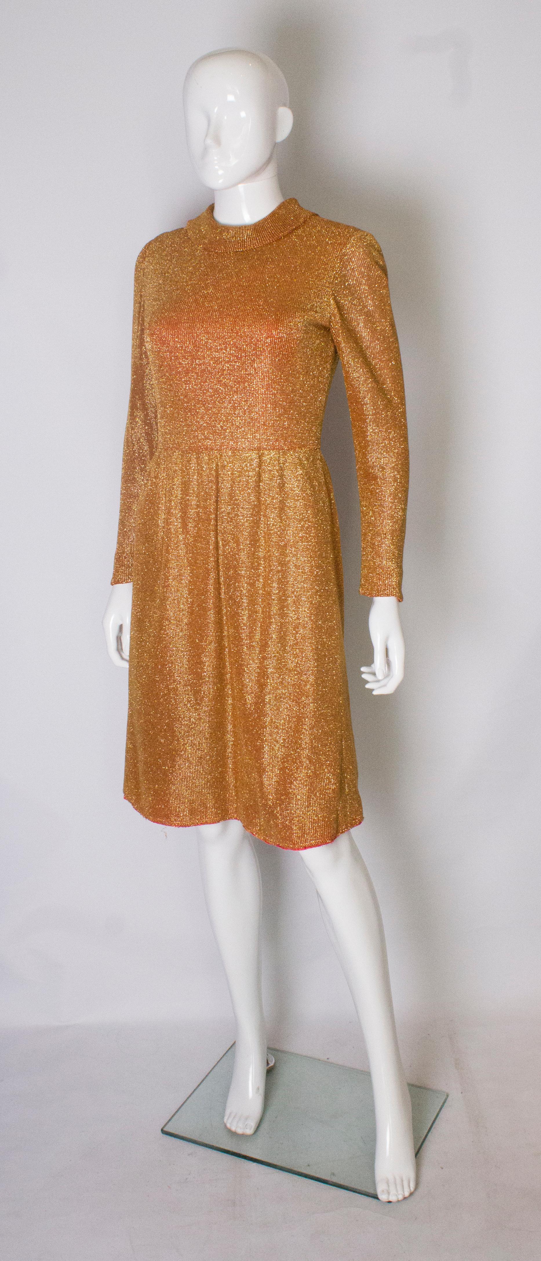 Brown Gold Vintage Dress with Red Lining, 1970s  For Sale