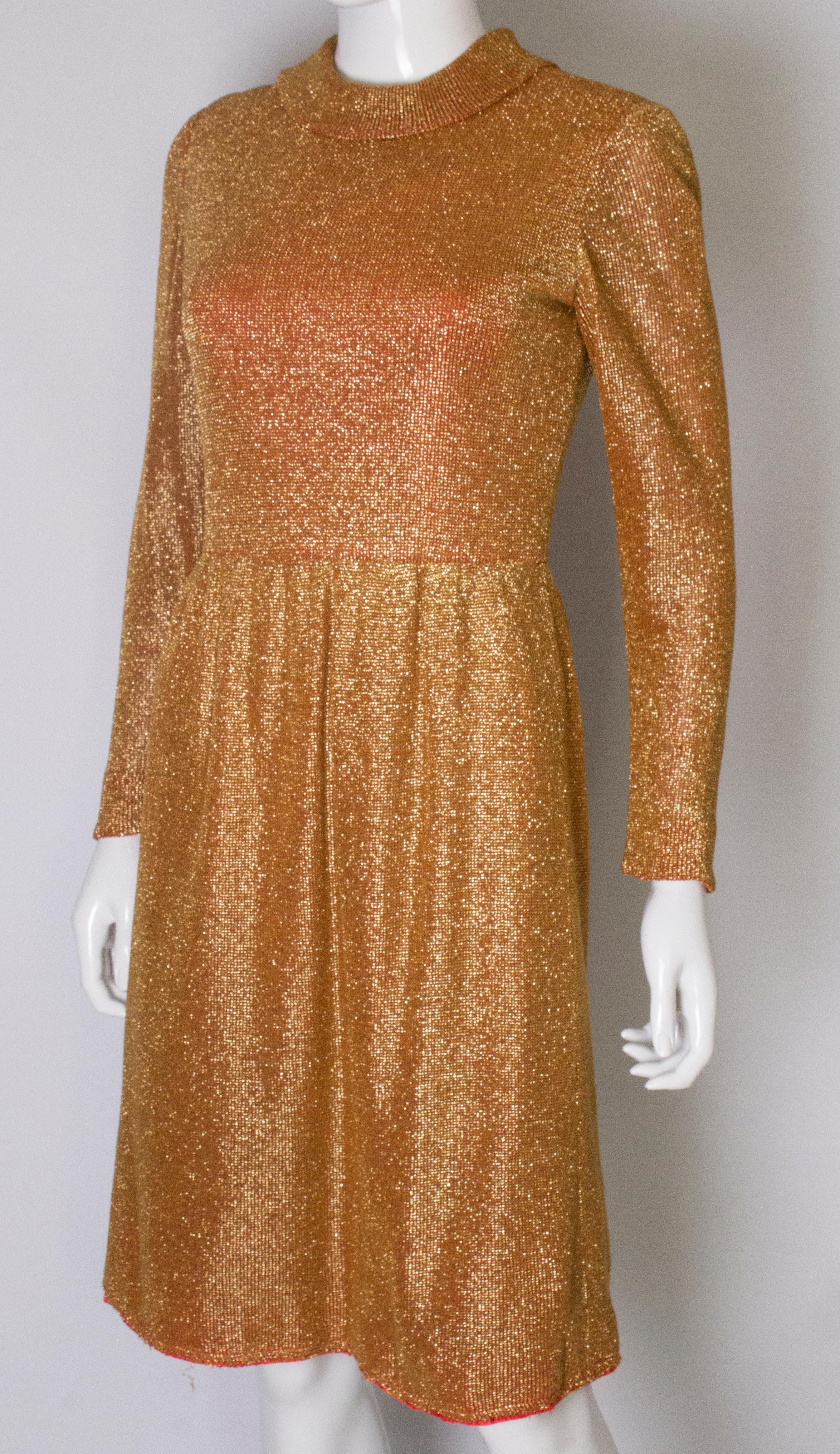 Gold Vintage Dress with Red Lining, 1970s  In Good Condition For Sale In London, GB