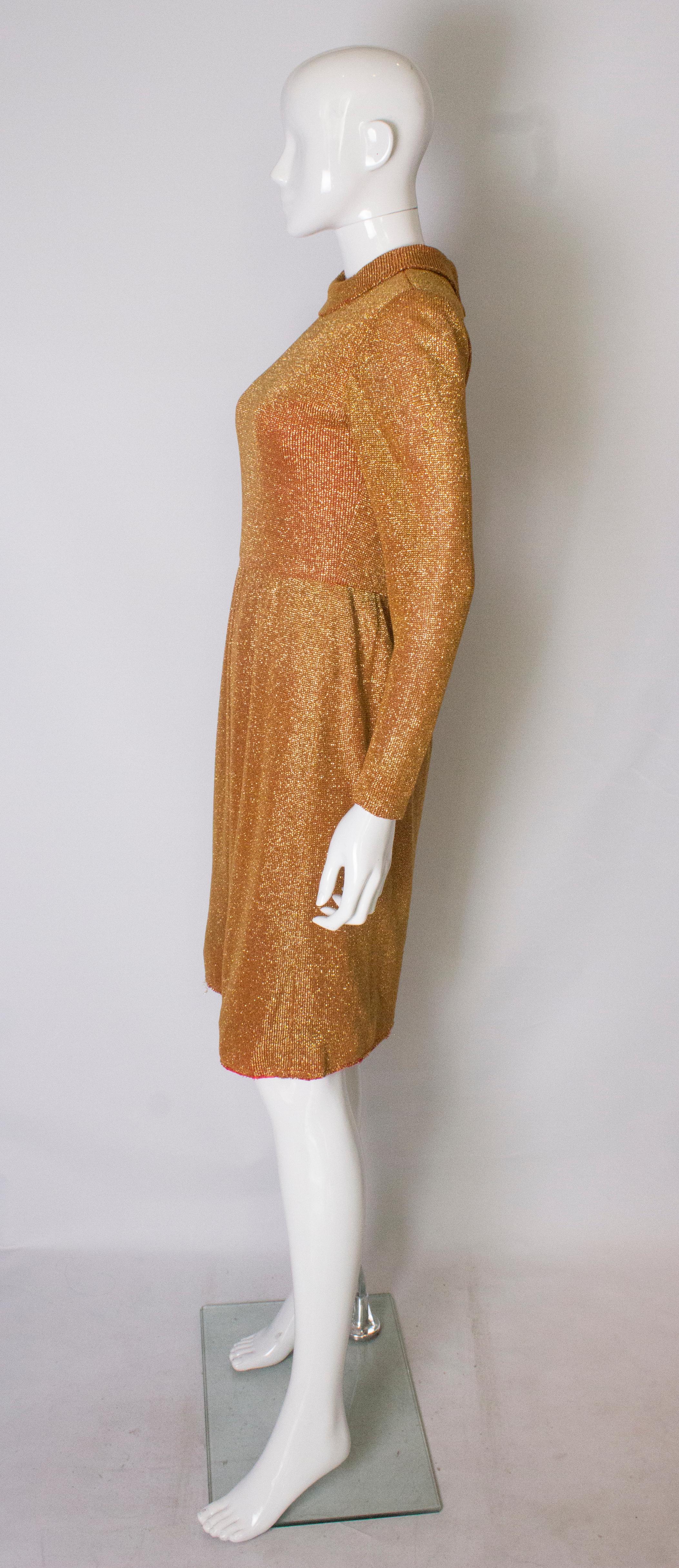Women's Gold Vintage Dress with Red Lining, 1970s  For Sale