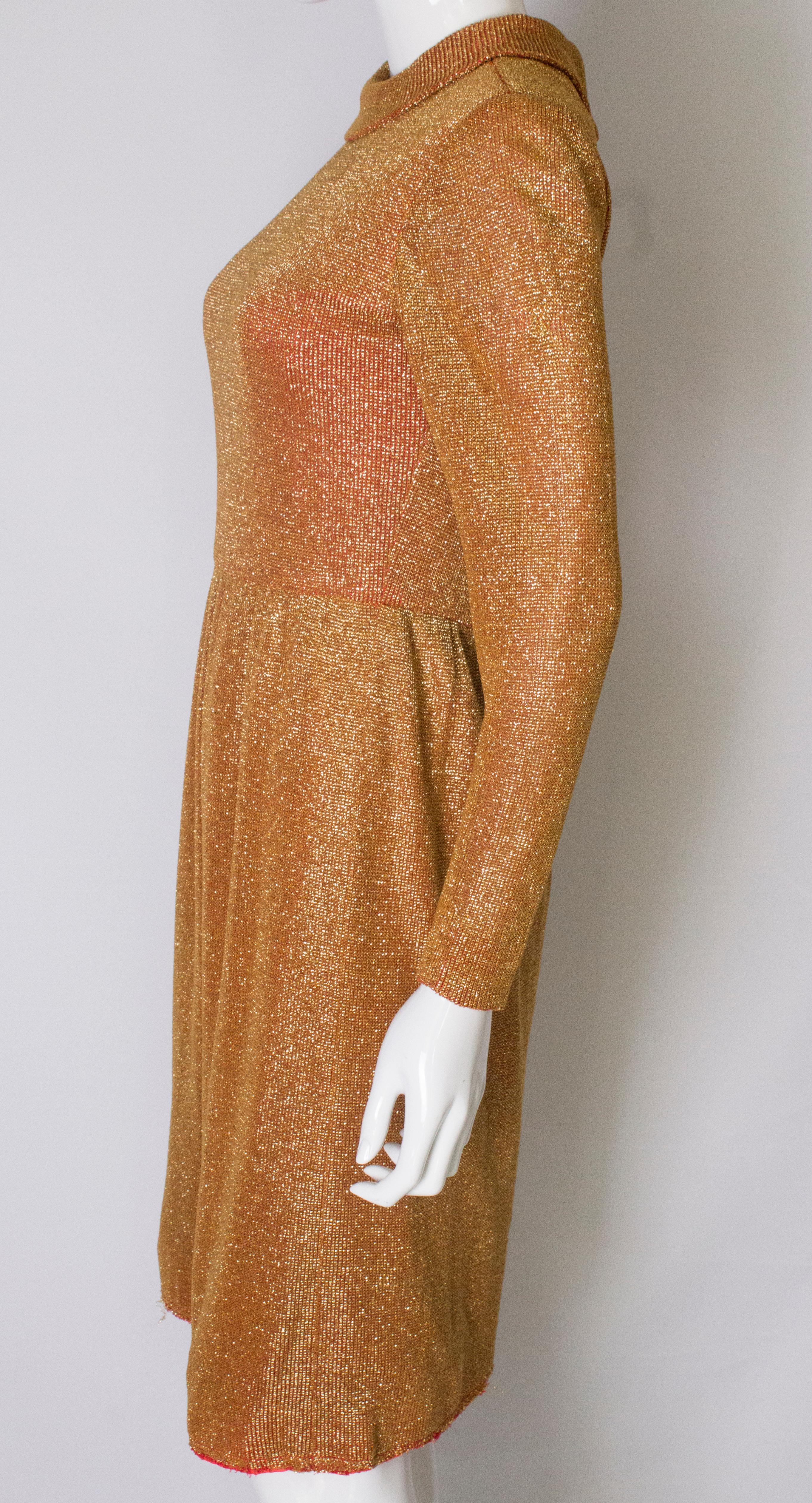 Gold Vintage Dress with Red Lining, 1970s  For Sale 1
