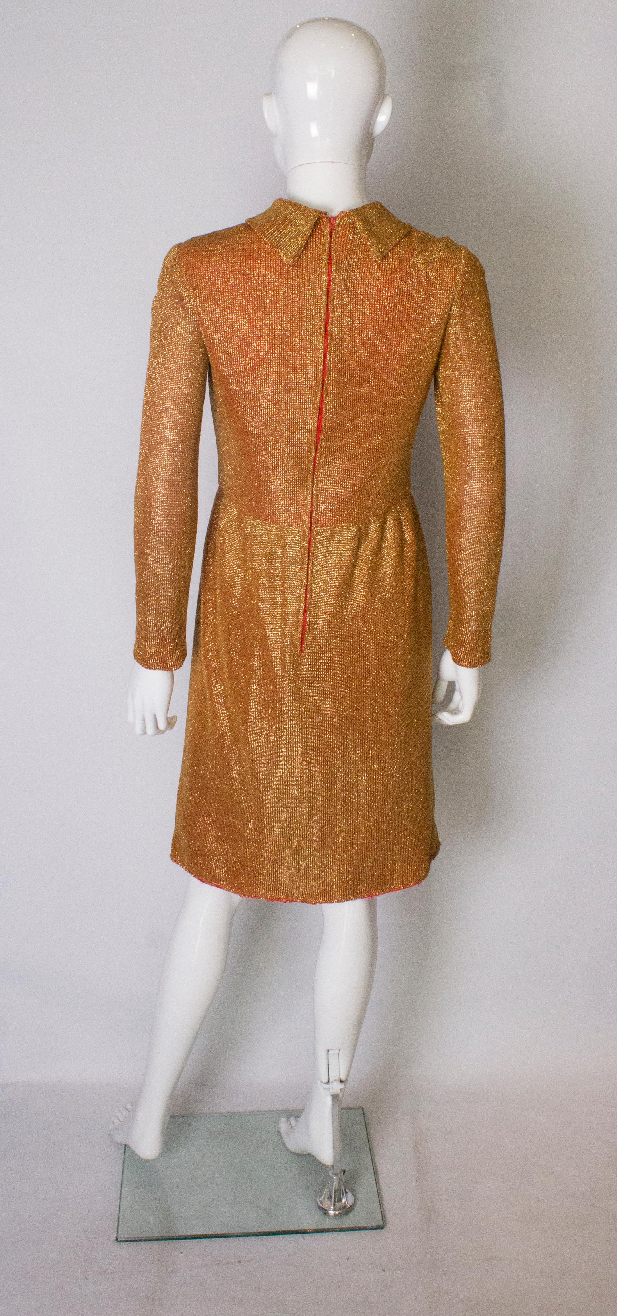 Gold Vintage Dress with Red Lining, 1970s  For Sale 2