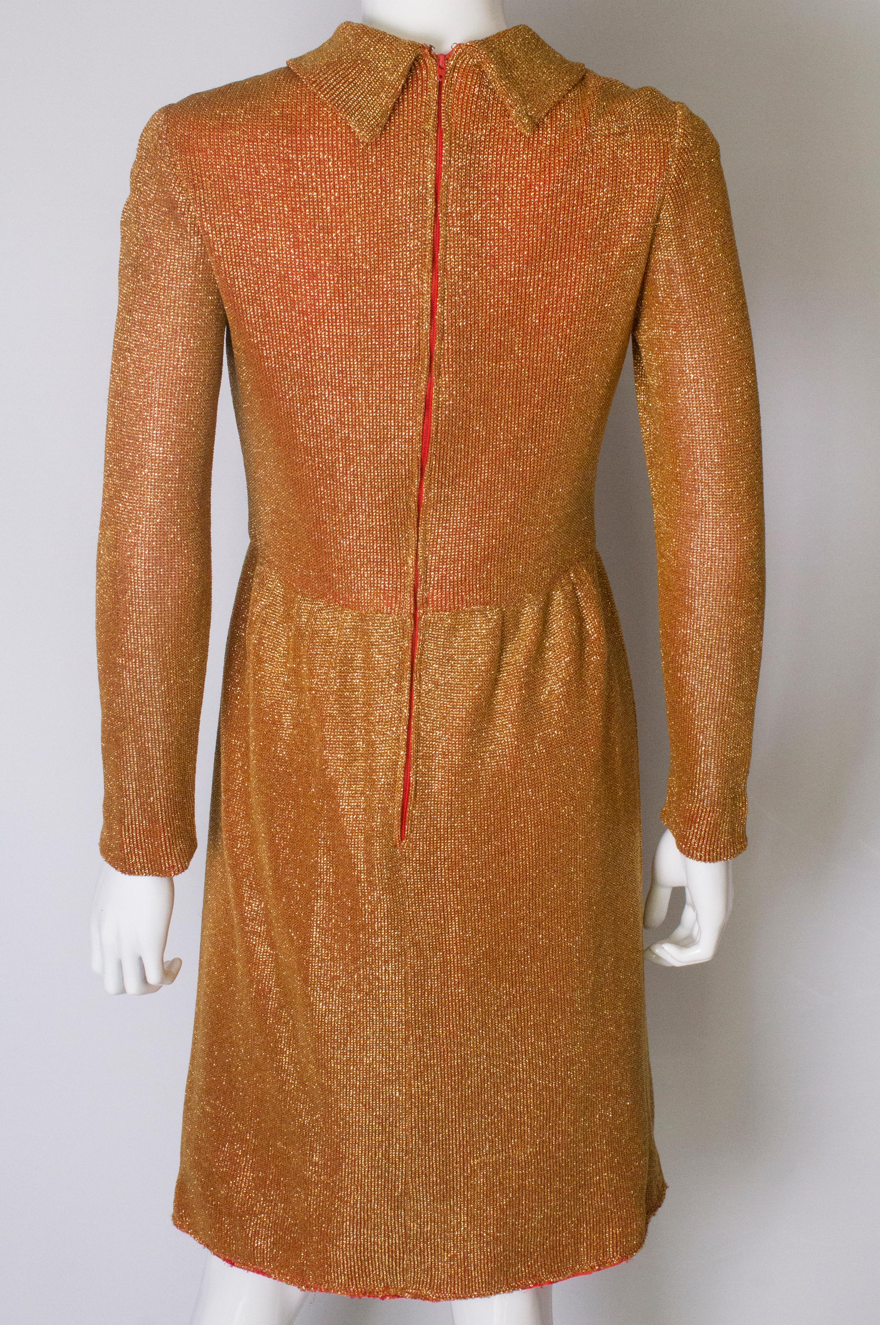 Gold Vintage Dress with Red Lining, 1970s  For Sale 3